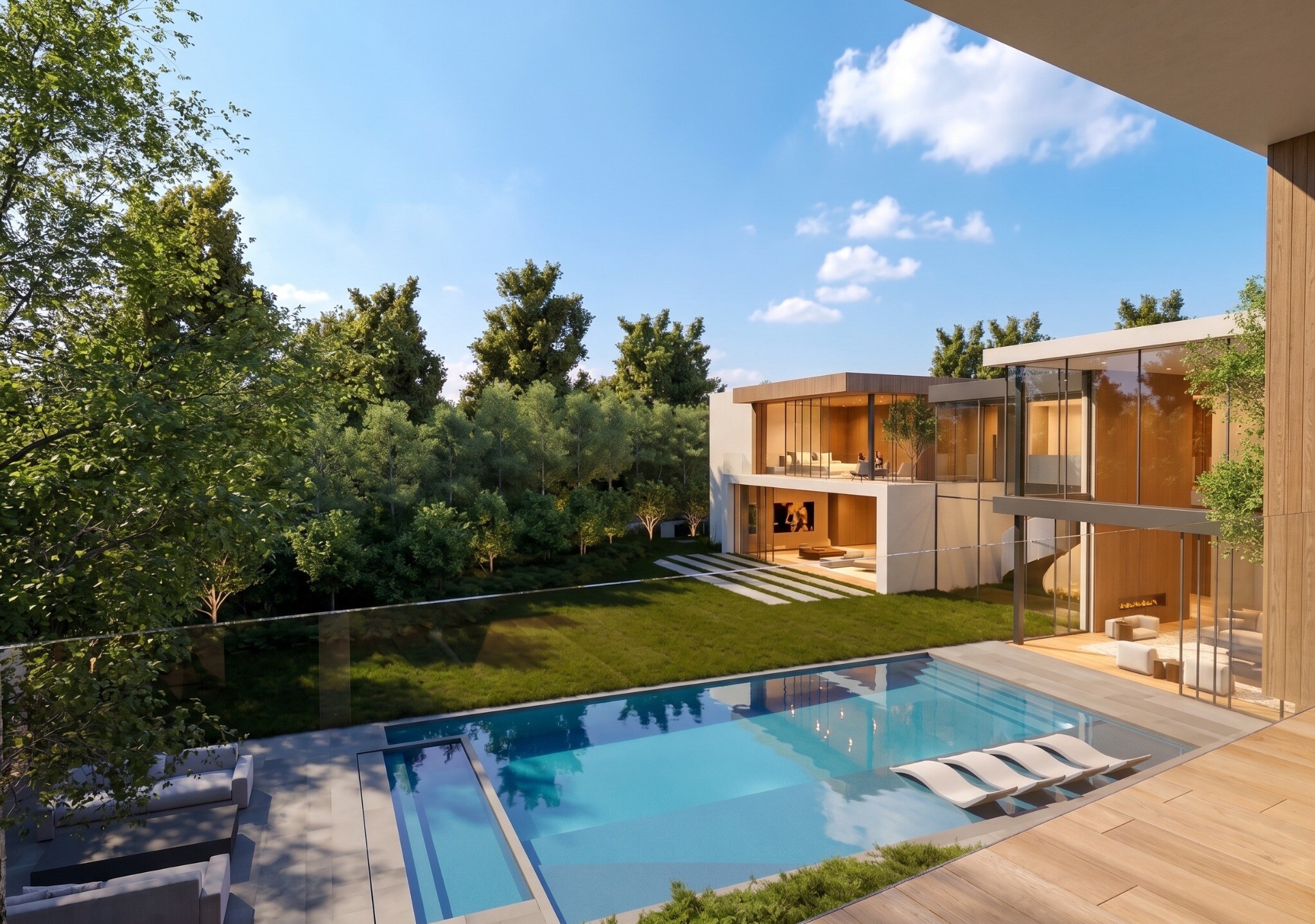 Wide daylight view across the pool toward the garden façade
