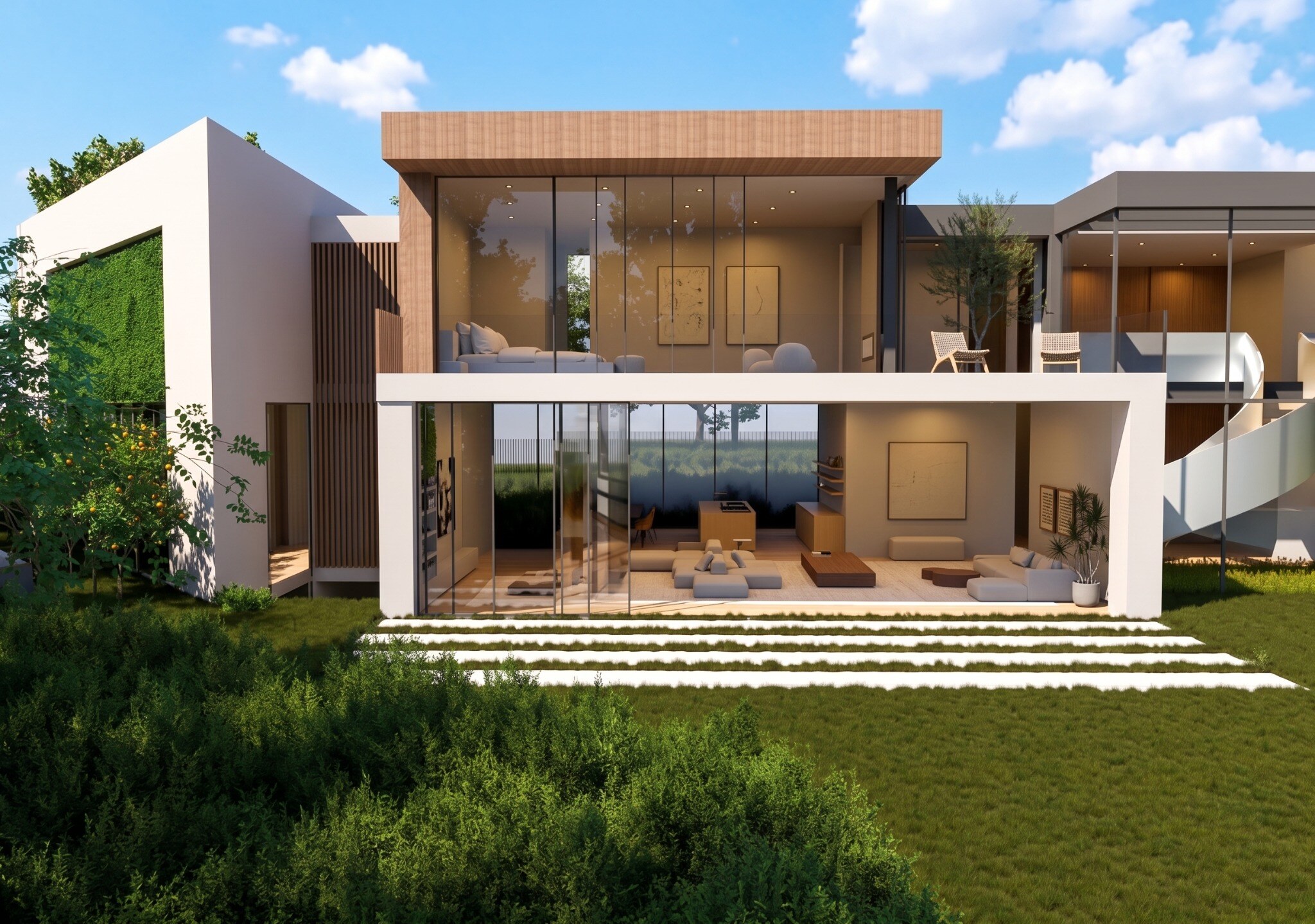 Garden elevation with exterior stair and planted dining area