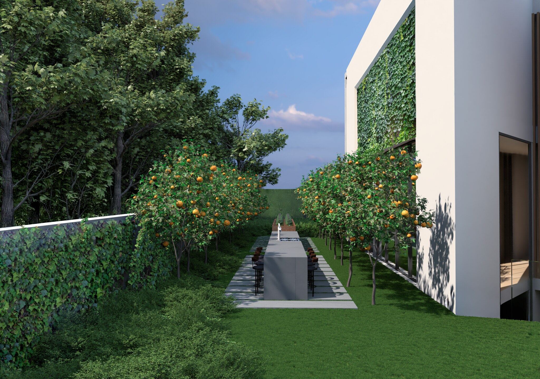 Herb and fruit garden with a long outdoor dining table