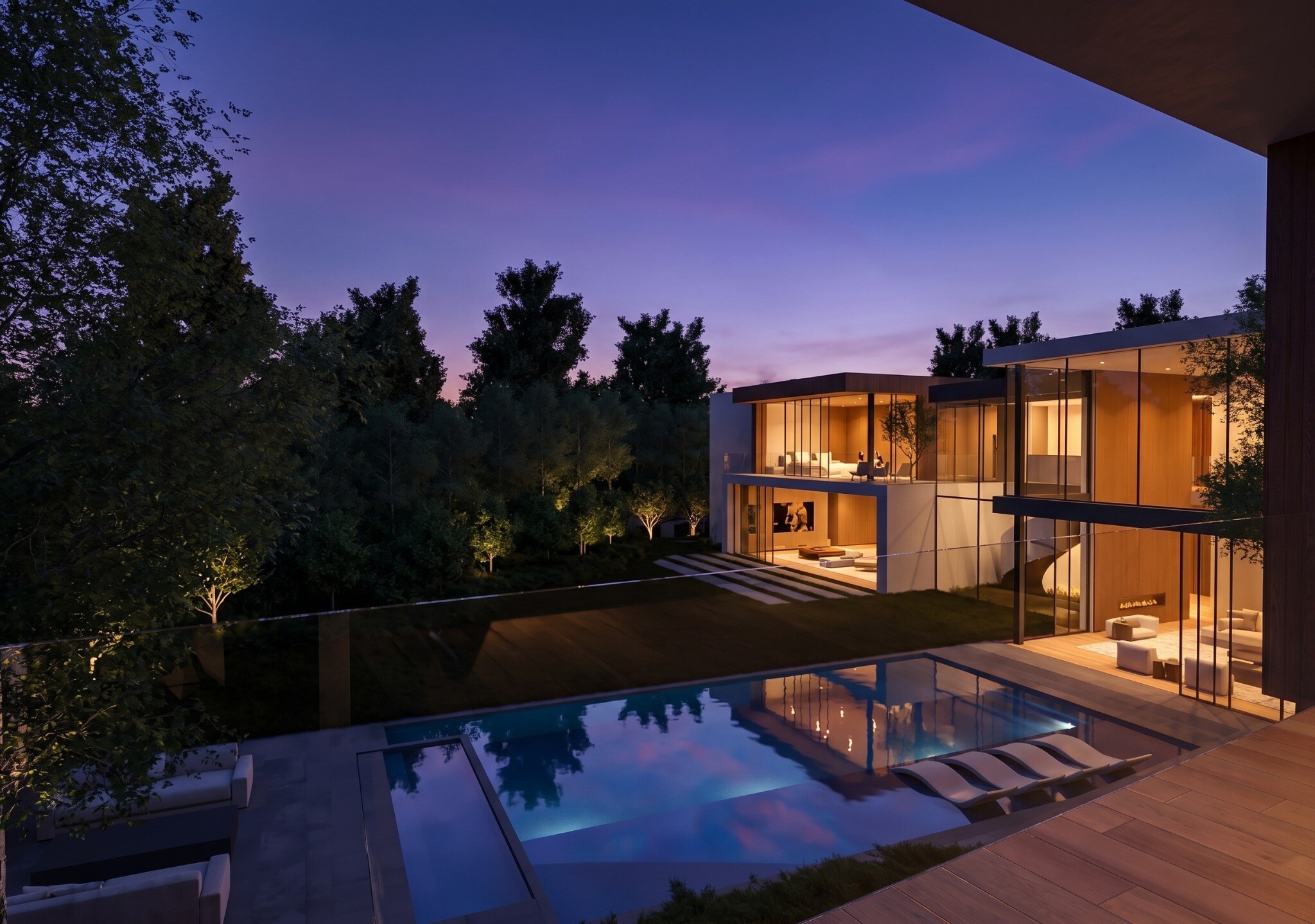 Pool and rear elevation at twilight