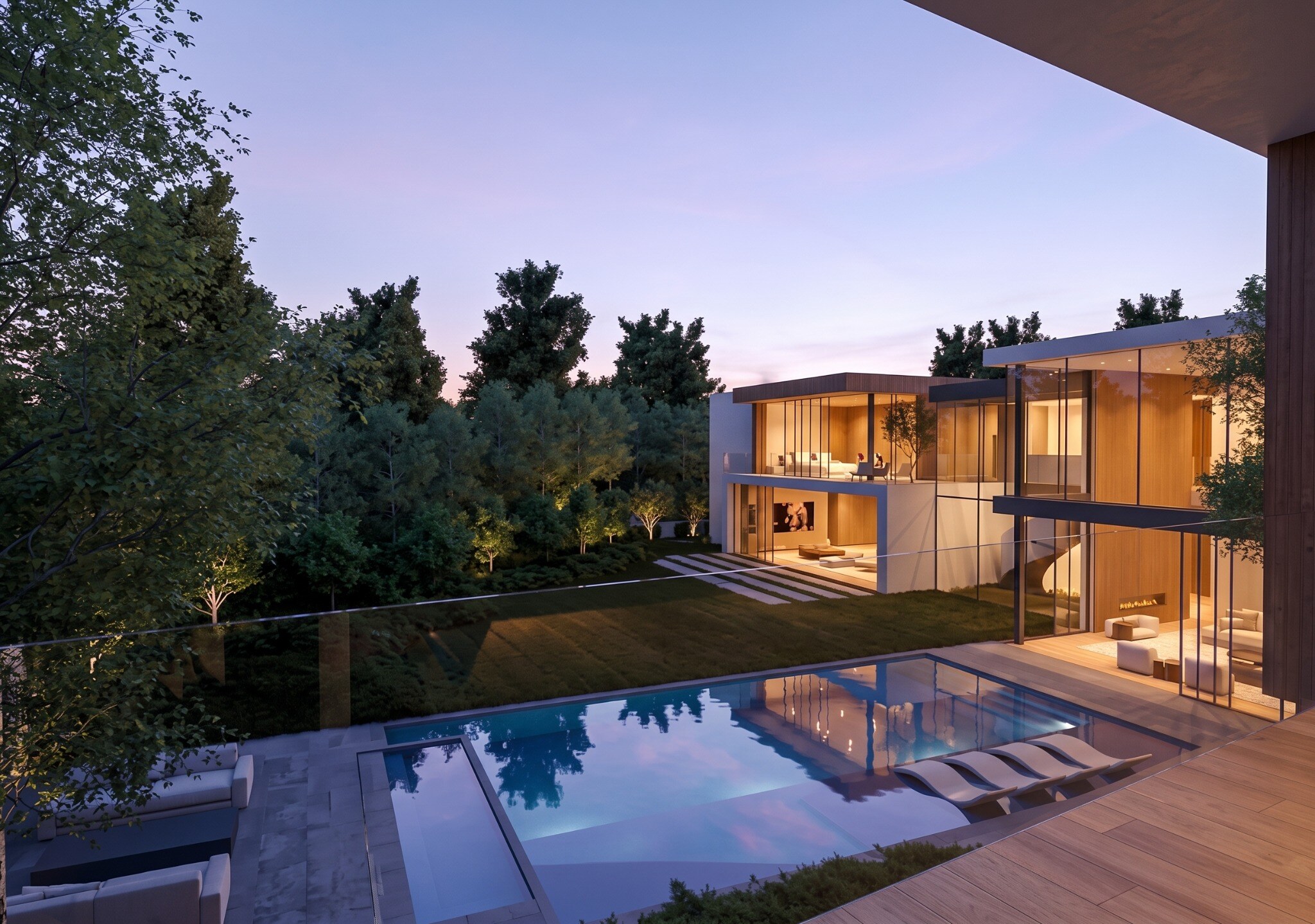 Pool and rear elevation at blue hour