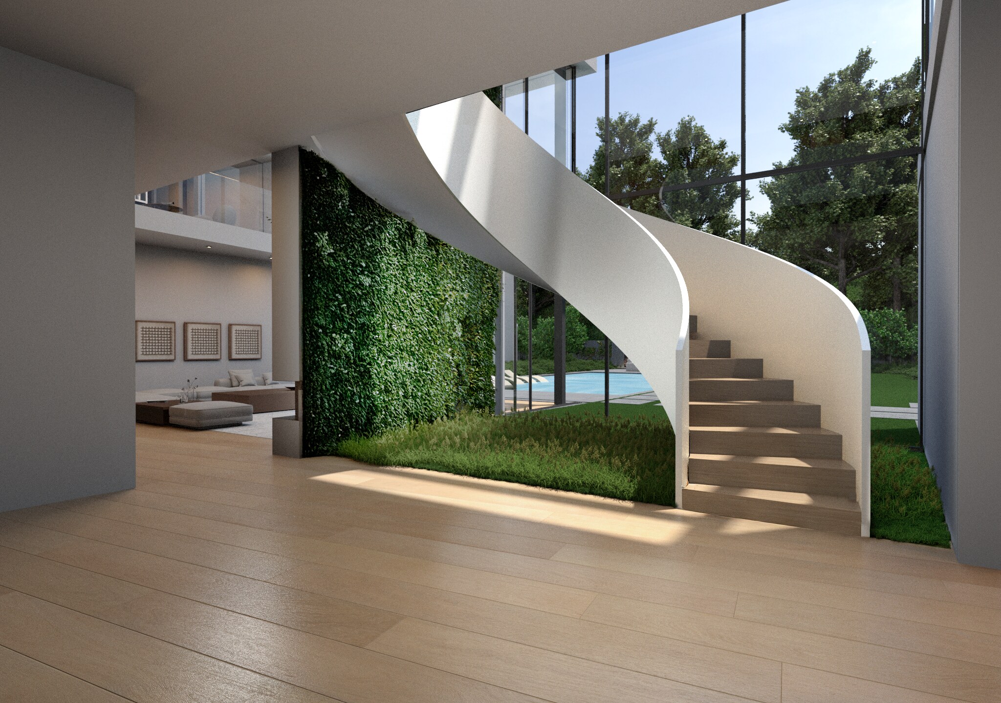 Sculptural white stair beside a planted wall with the pool beyond