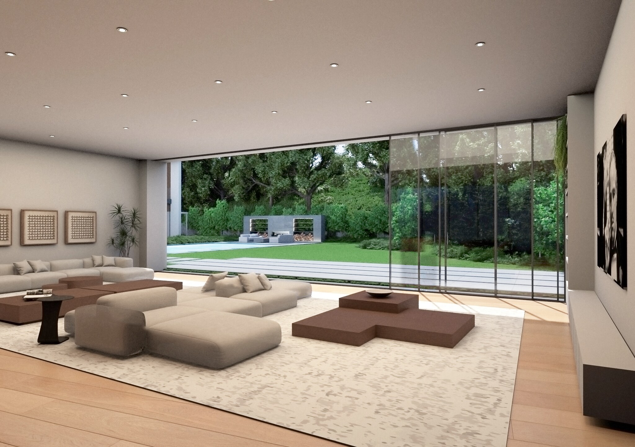 Living room opening fully toward lawn and pool