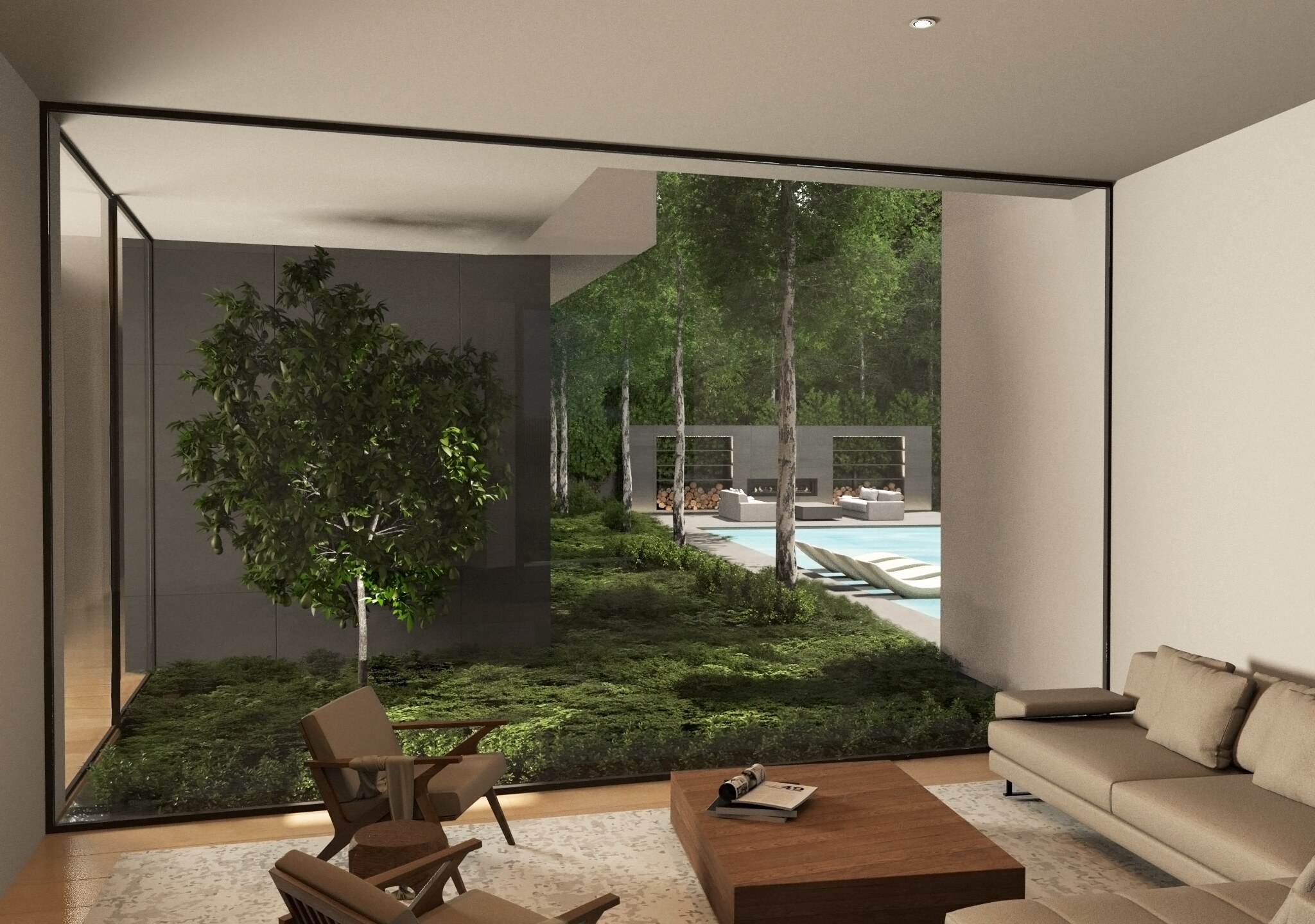 Office with a planted court and long view to the pool