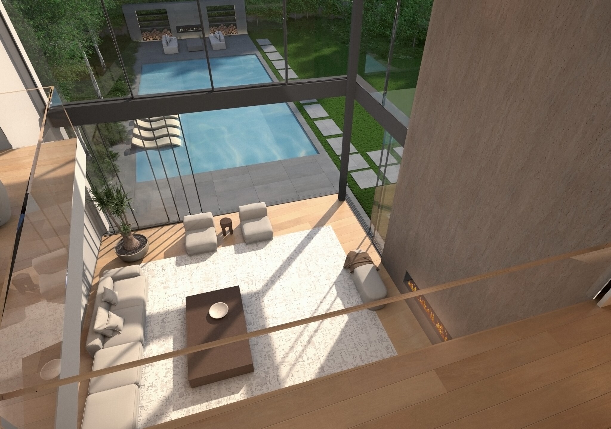 Upper-level view across the stair to the double-height living space
