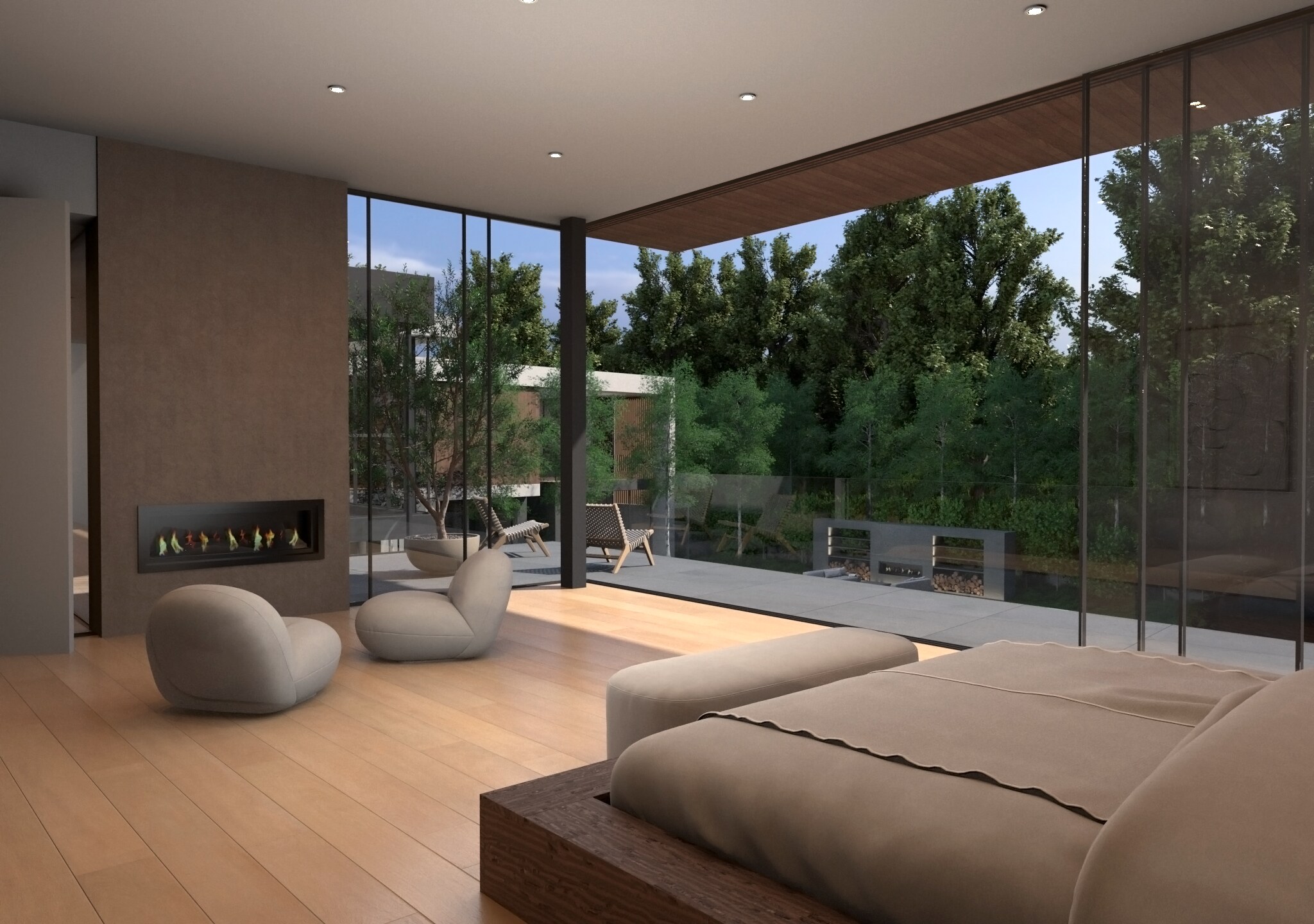 Primary bedroom opening to a private planted terrace
