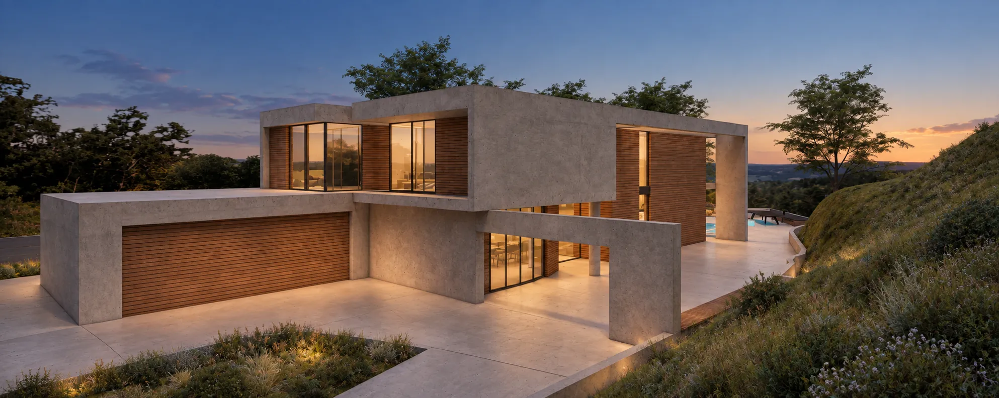 11311 Dona Lisa major remodel with concrete frames and wood volumes at dusk