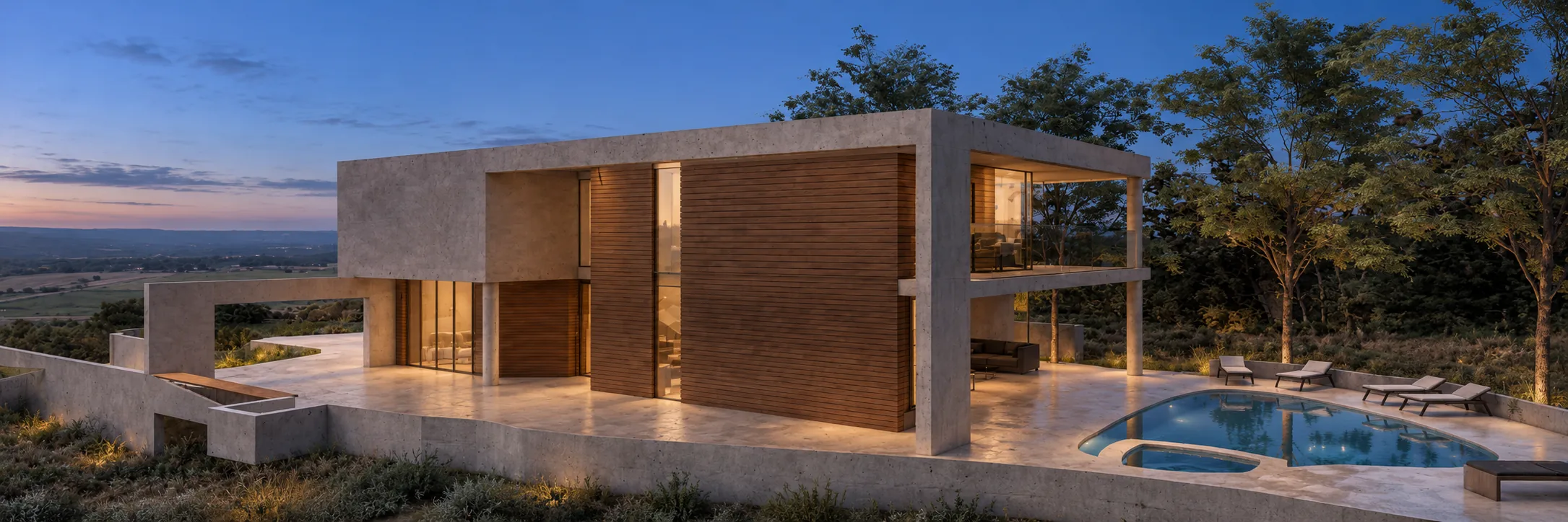 Pool-side elevation with sheltered terrace, wood volume and curved pool at dusk