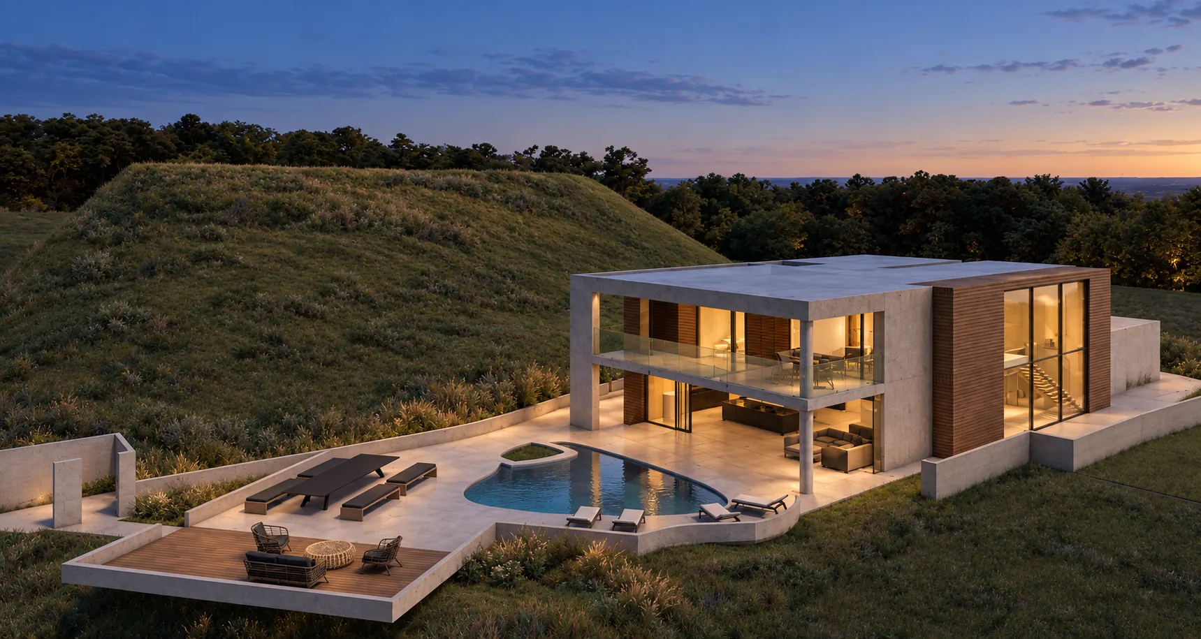 Wide hillside view of the house, curved pool and separate landscape deck