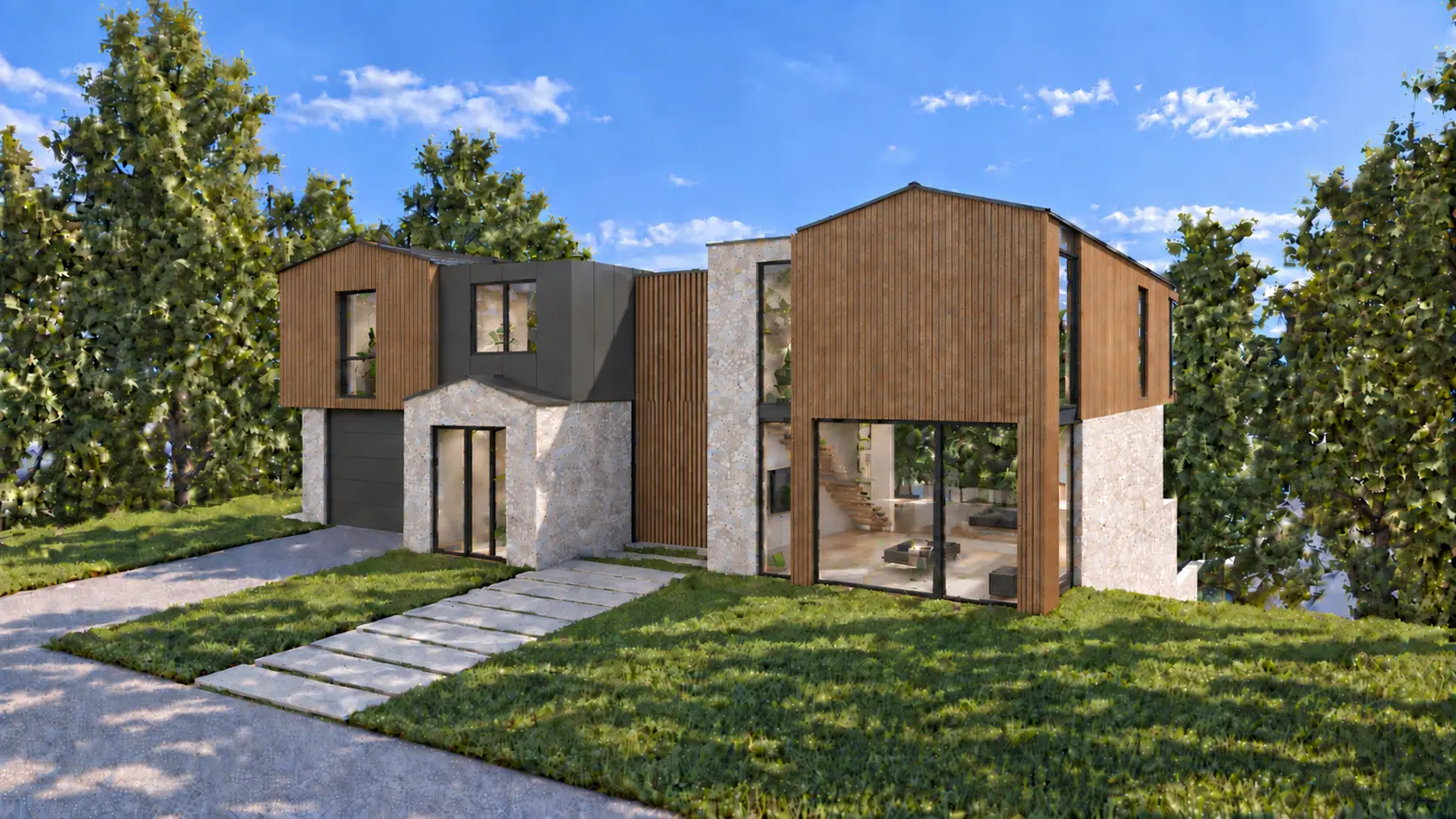 Second front perspective of 115 Bacon showing the recessed entry and articulated volumes