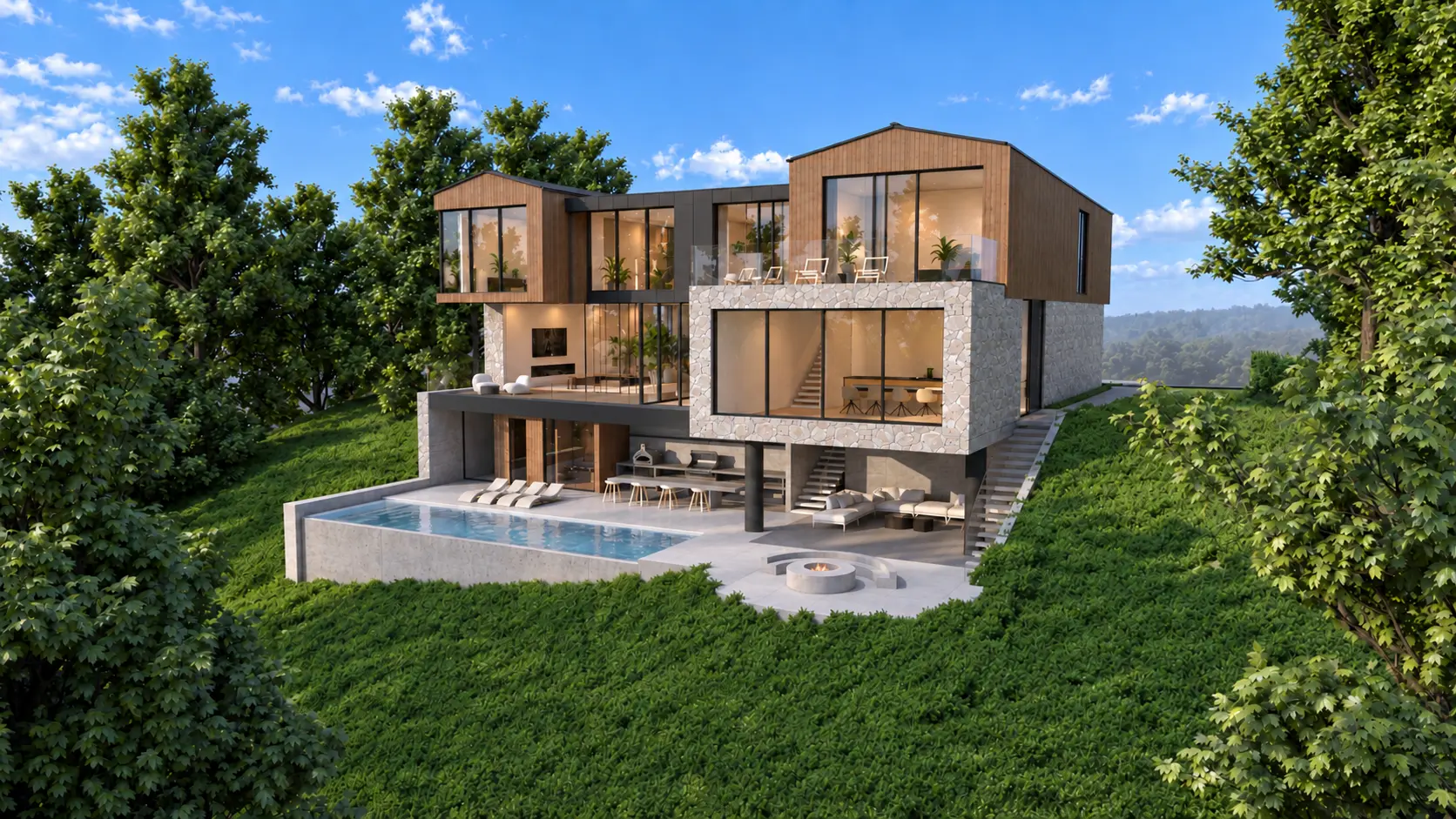 Rear hillside perspective of 115 Bacon with terraces and infinity-edge pool