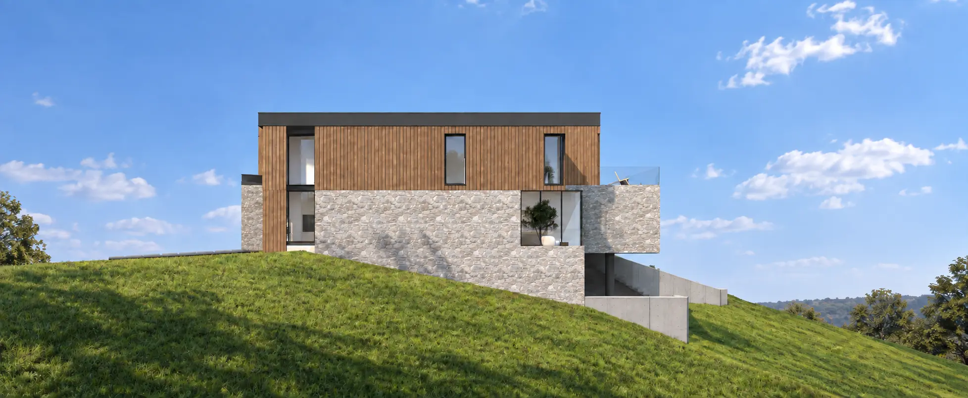 Side elevation of 115 Bacon stepping down the hillside