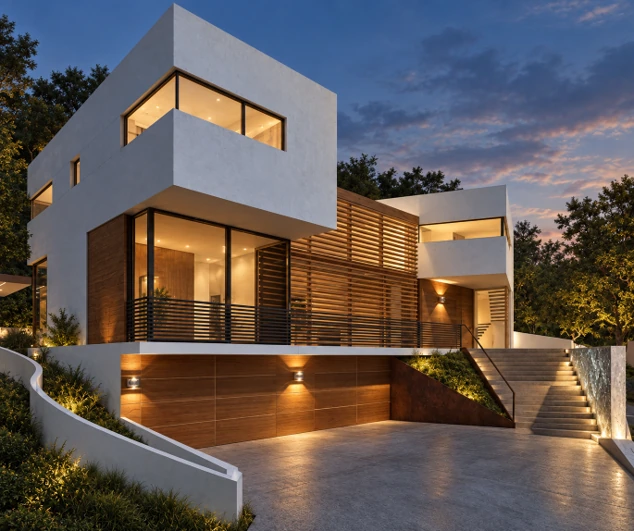 Street arrival with projecting upper volume and screened façade
