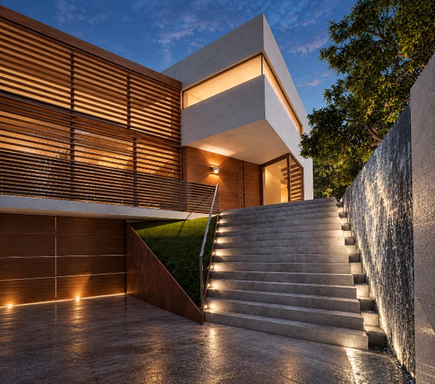 Illuminated entry stair and wood screen