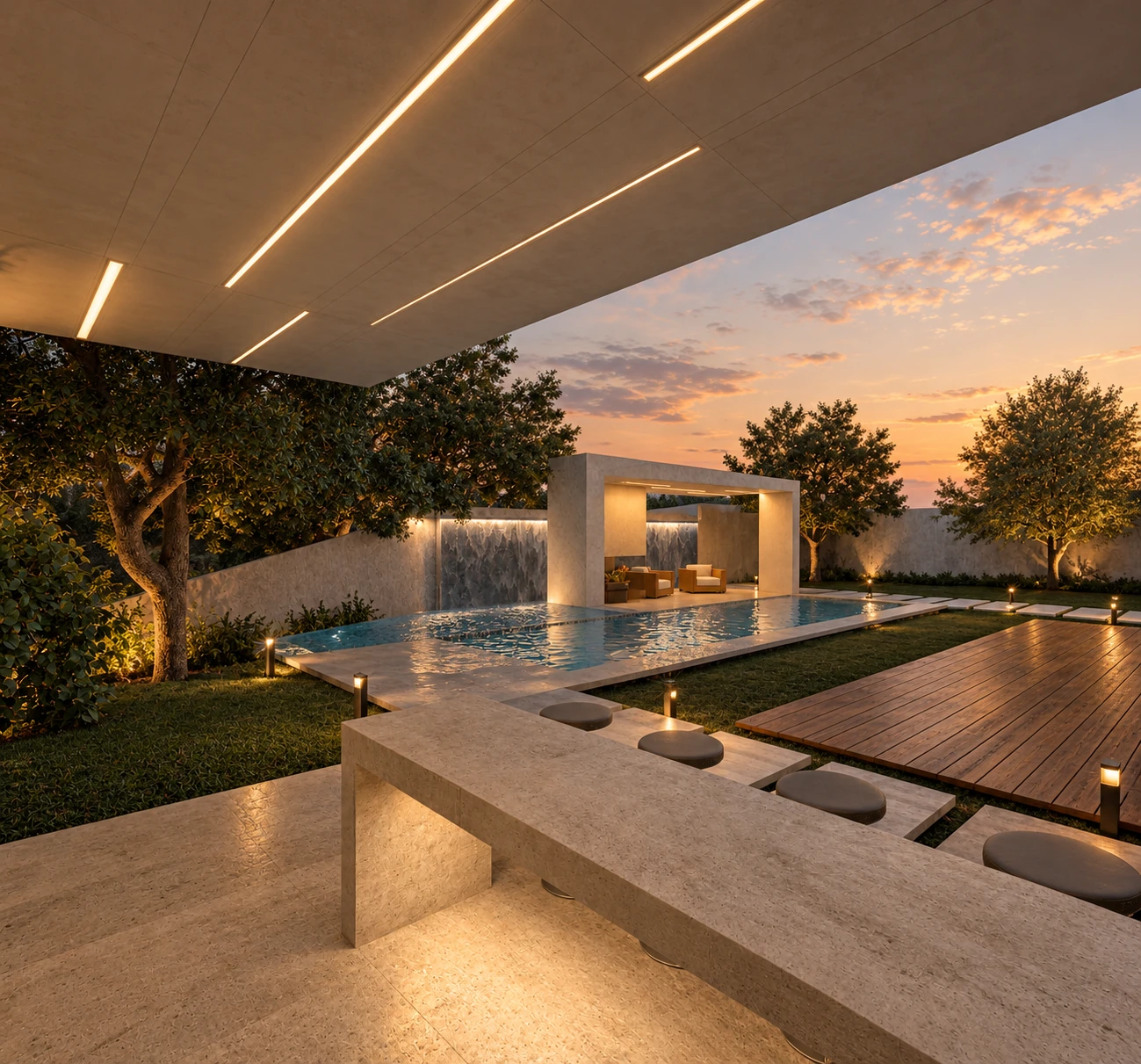 Covered terrace overlooking the pool and water pavilion at sunset