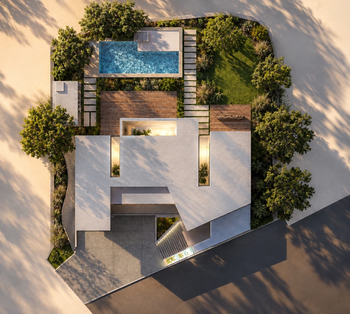 Aerial view of the residence, garden and water composition