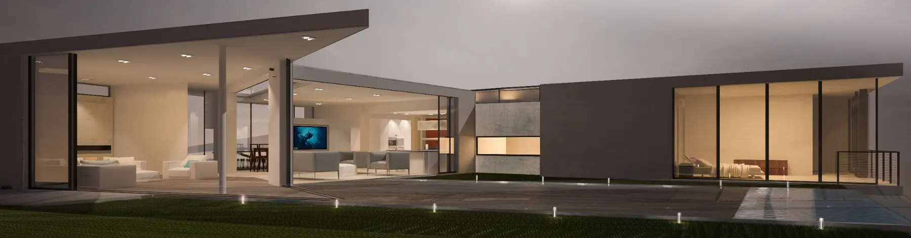 Courtyard elevation connecting the living room, kitchen and bedroom