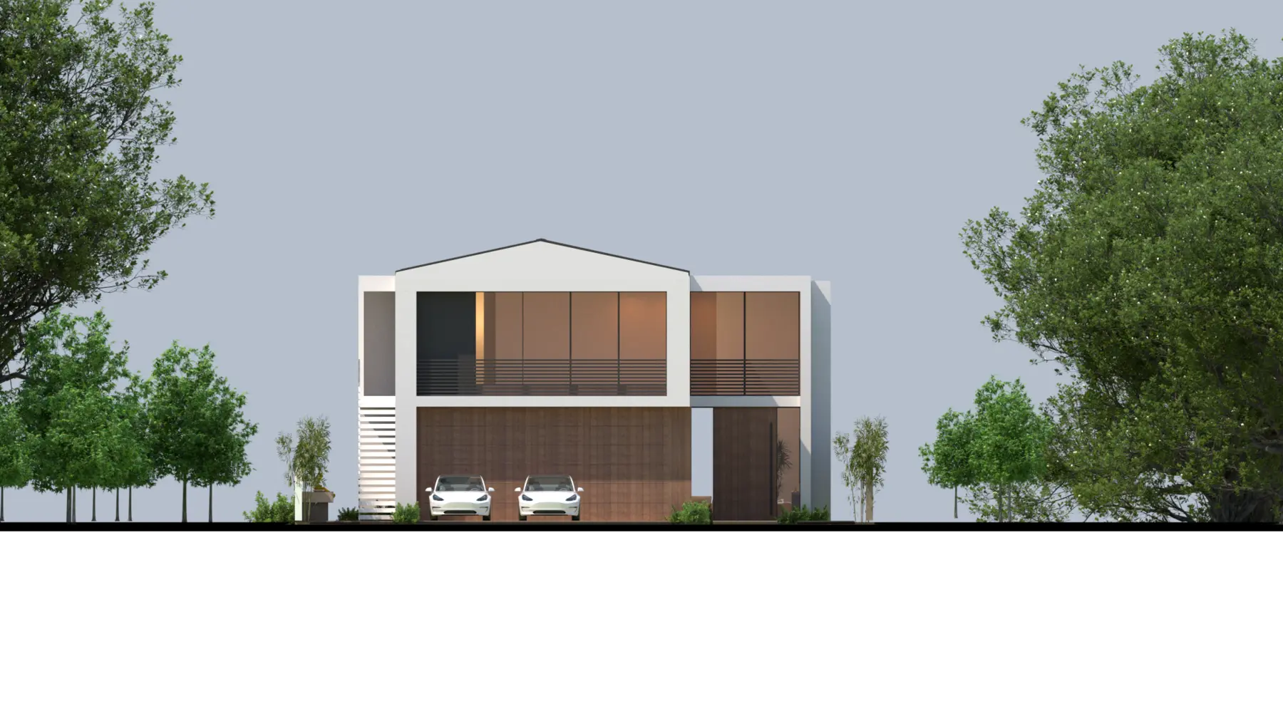 Front elevation showing pitched metal roofs and wood cladding