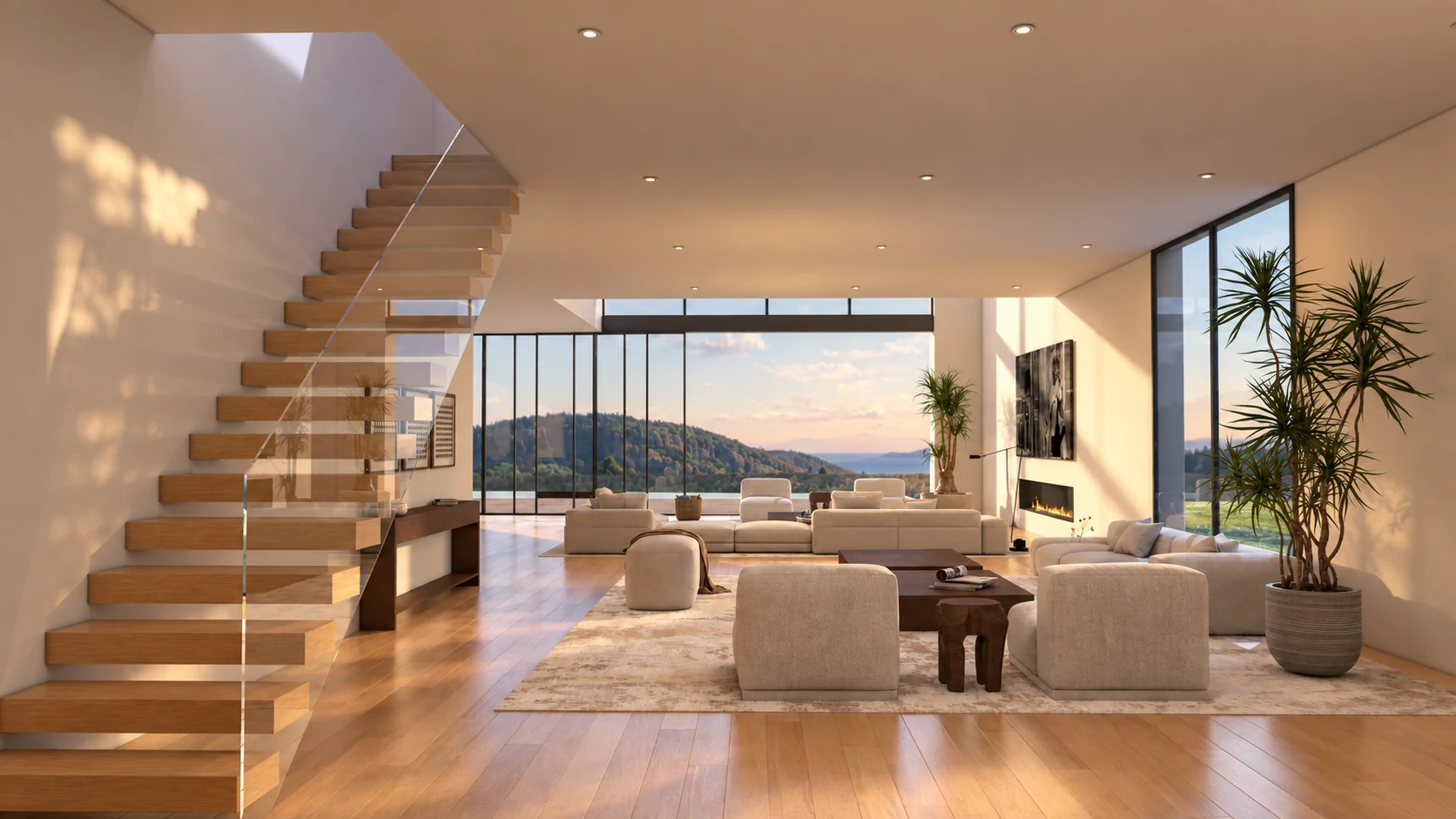 Open living space and floating stair framing the Pacific Palisades landscape