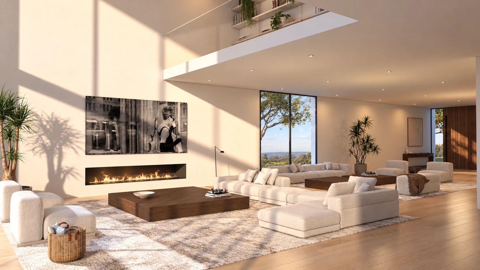 Double-height living room with bridge and linear fireplace