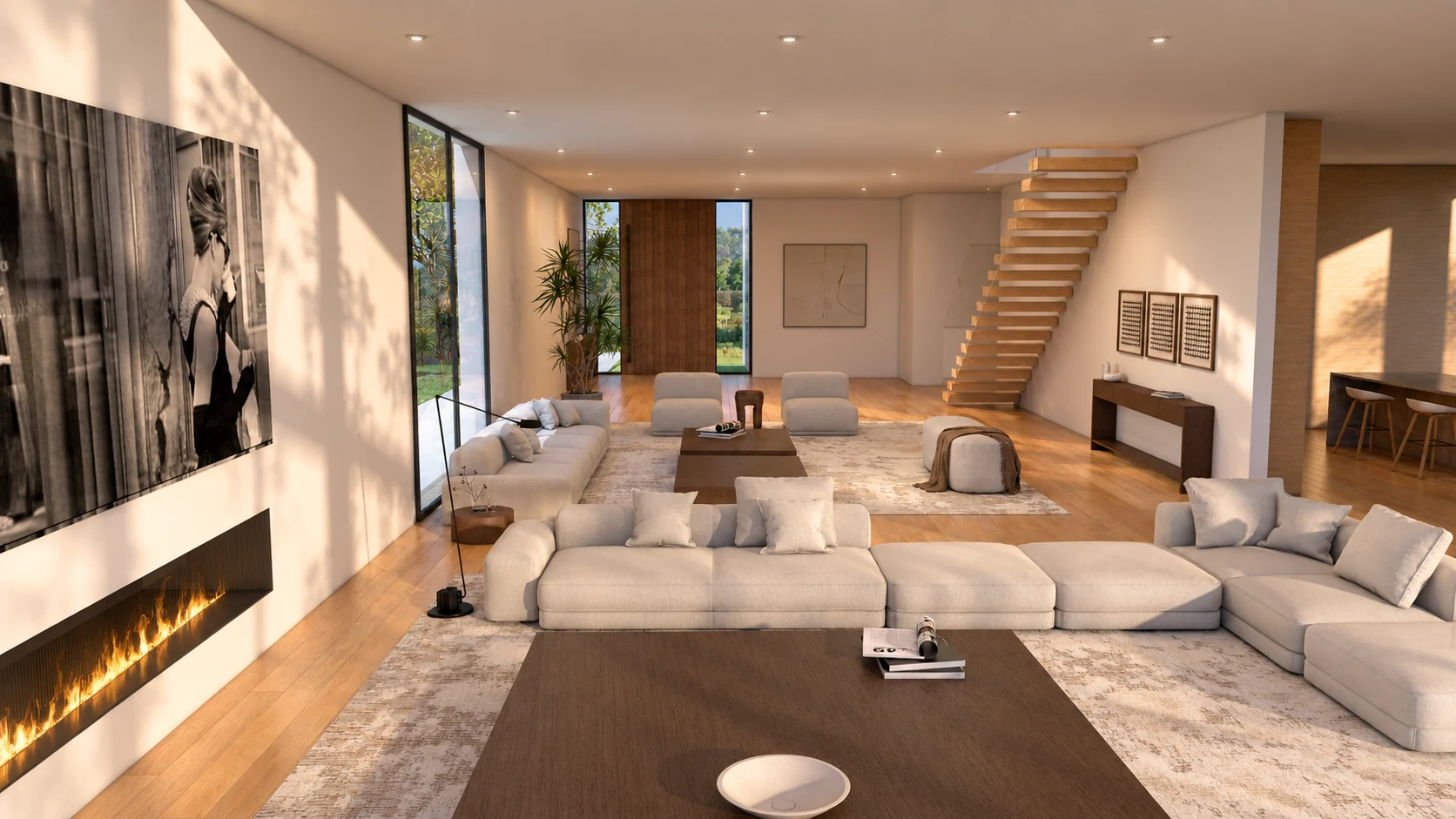 Living room composition with fireplace, stair and open family space
