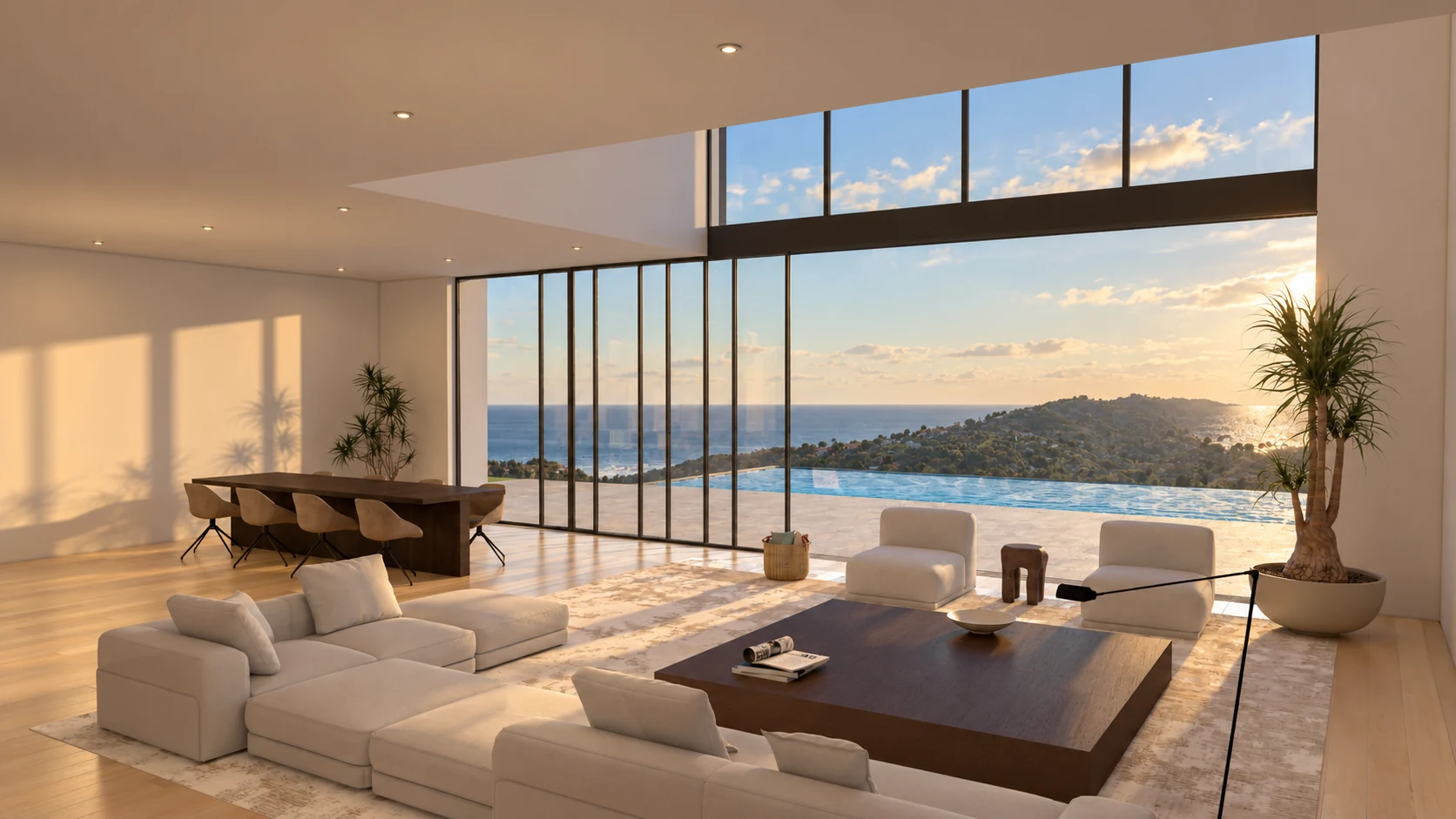 Full-height glazing connecting the living room to the infinity pool and hillside view