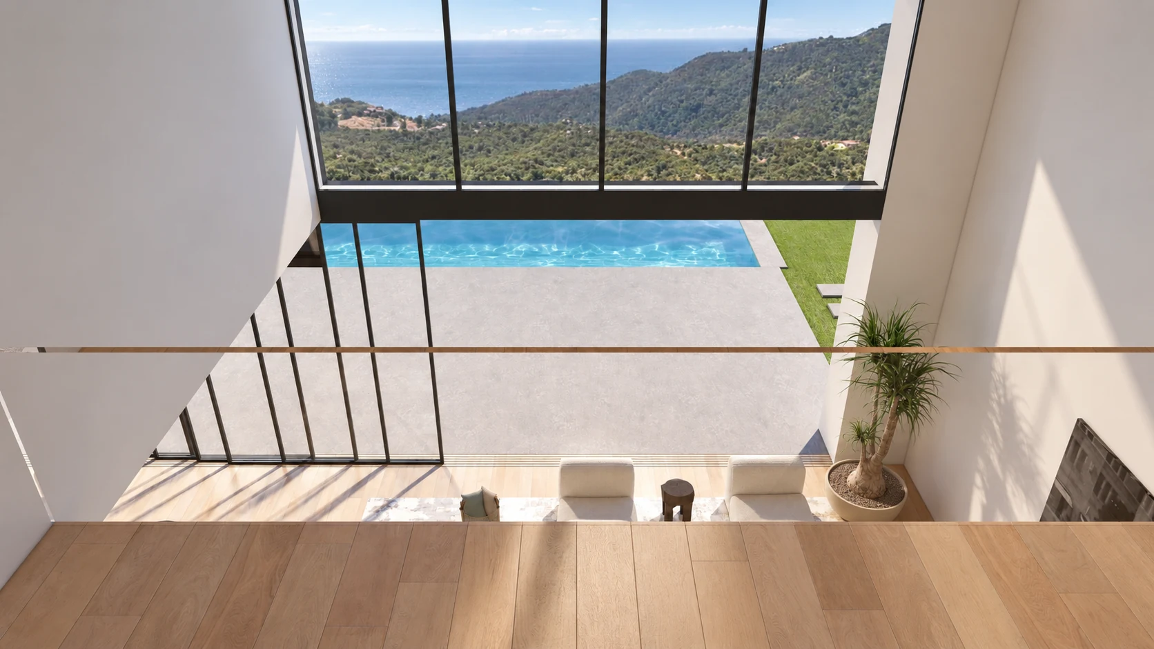 View from the upper-level bridge across the double-height living room toward the pool