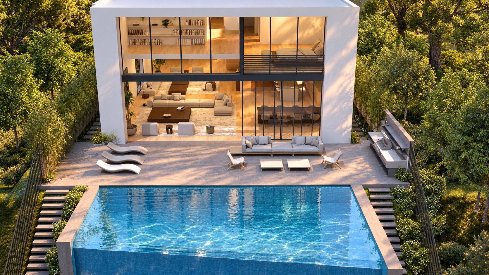 Rear façade revealing the interior spaces, terrace and infinity pool