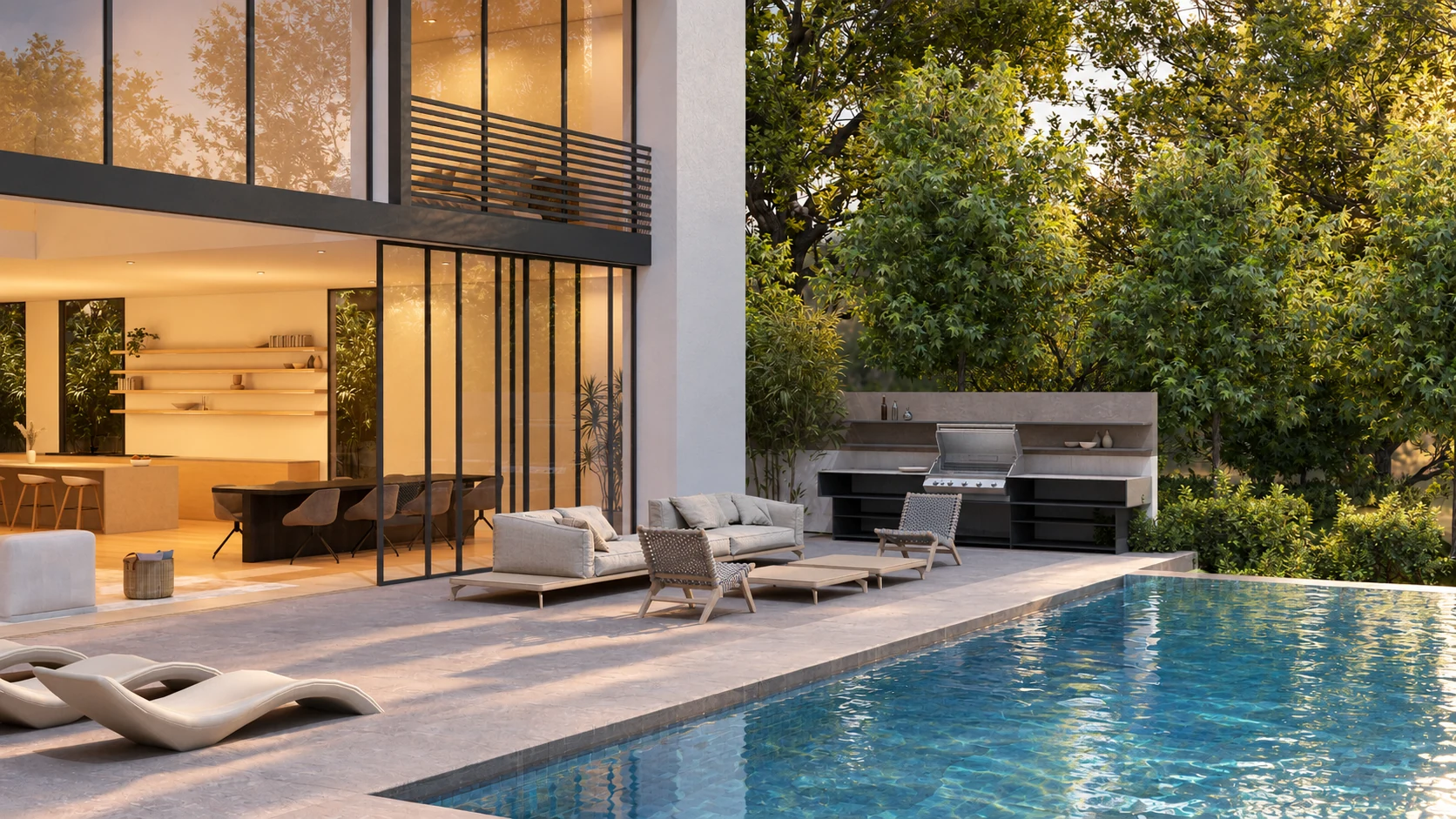 Pool terrace and transparent rear façade at 1642 Chastain Parkway