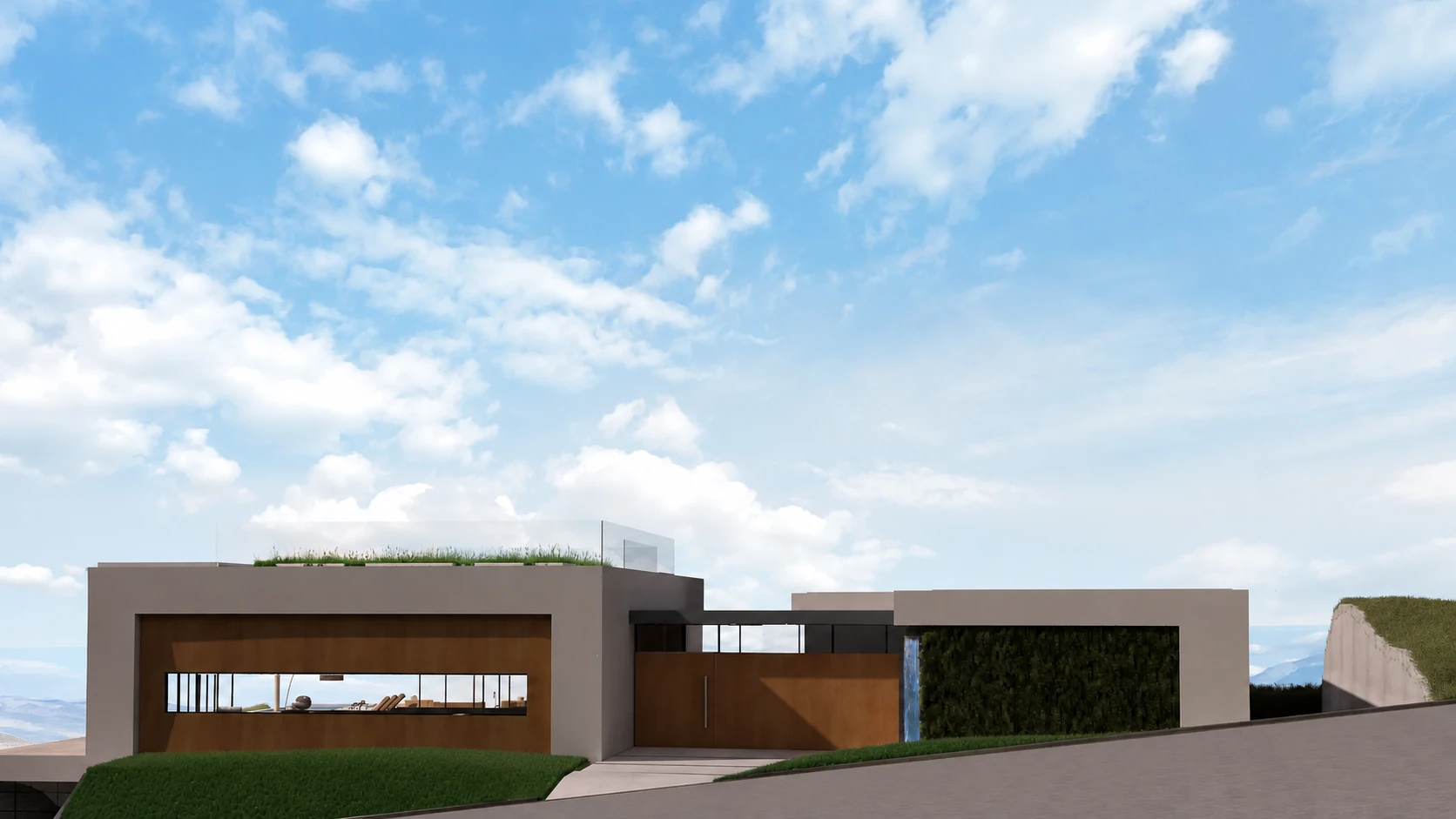 Street-side view showing the low profile and garage approach below the road