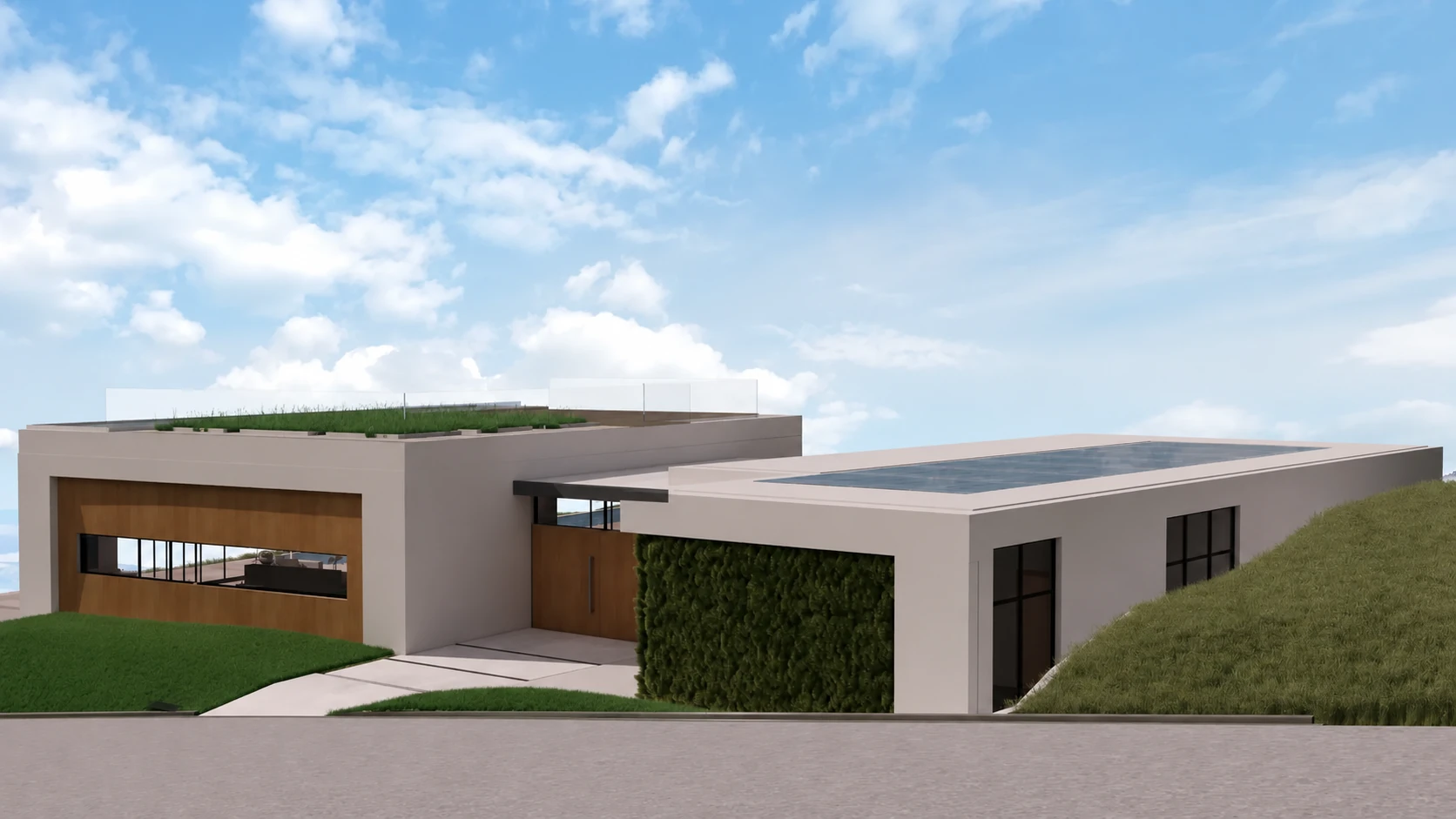 Entry approach with planted roof, wood screen and hillside beyond