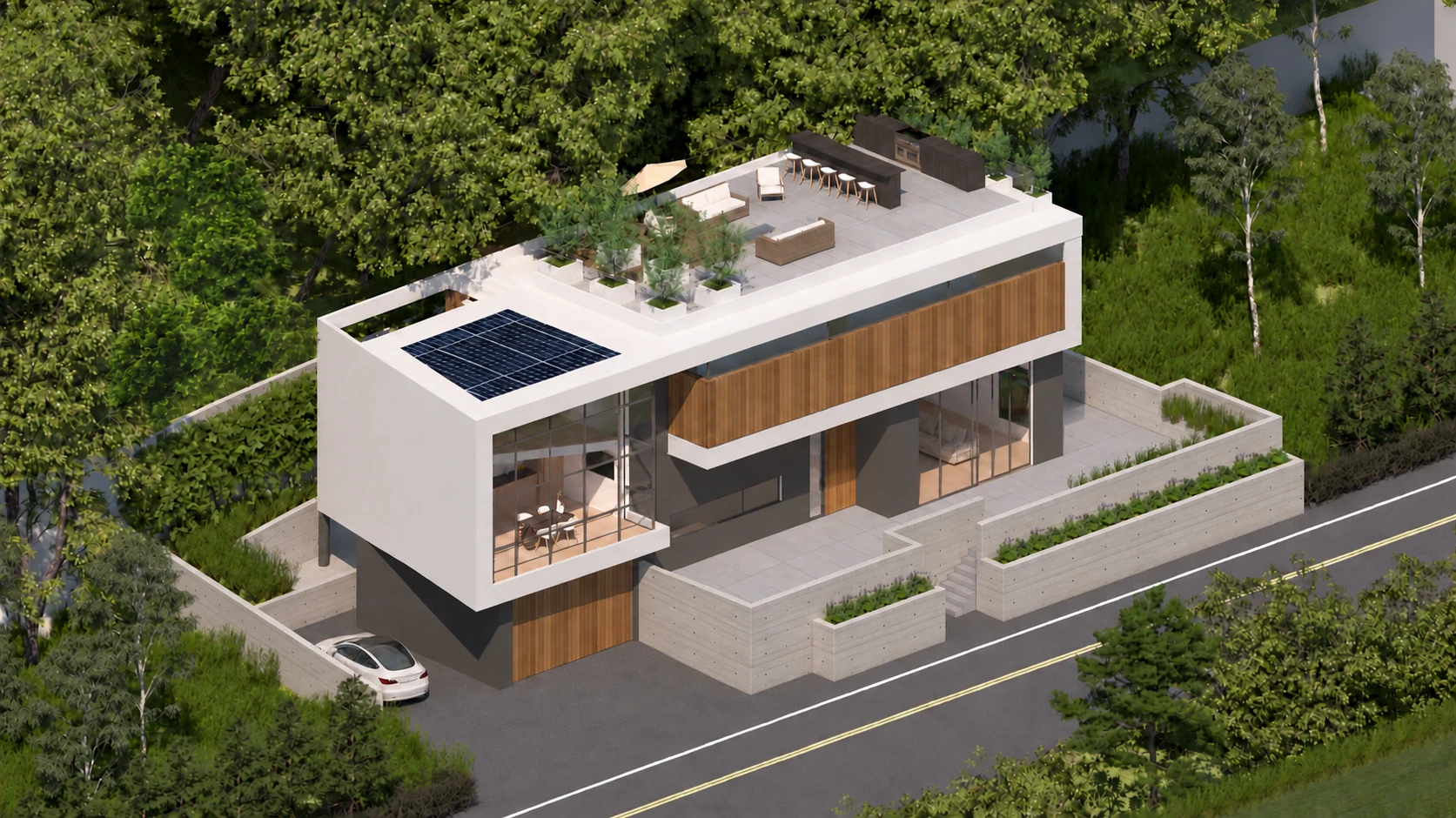 Aerial street view showing the gray porcelain roof terrace, entry paving and concrete landscape walls