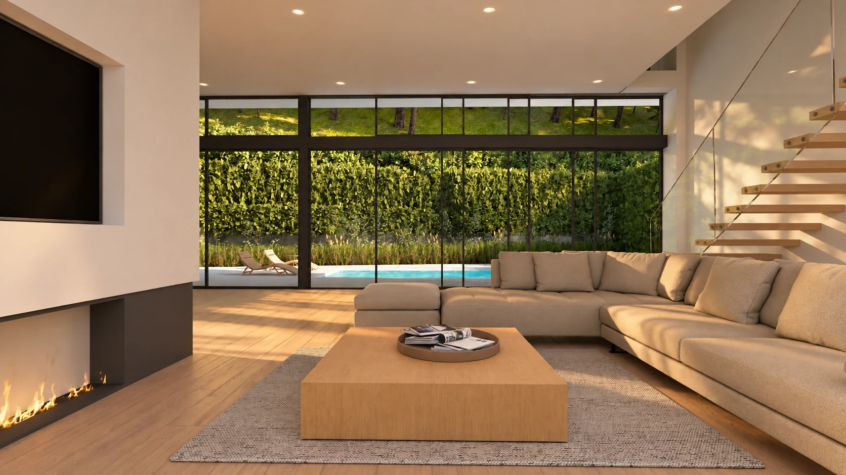 Living room looking through full-height glazing toward planting and pool