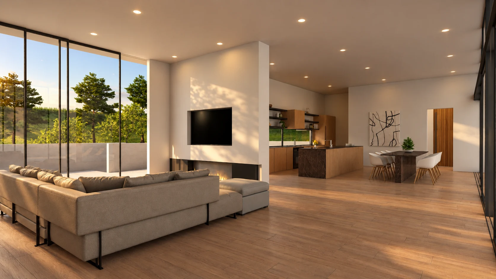 Open living room and kitchen with central hearth and garden glazing