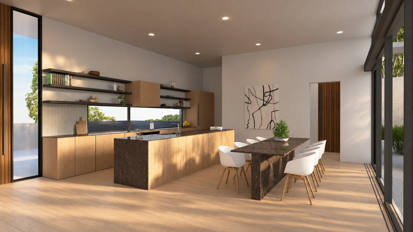 Kitchen island, dining table, wood cabinetry and long horizontal window