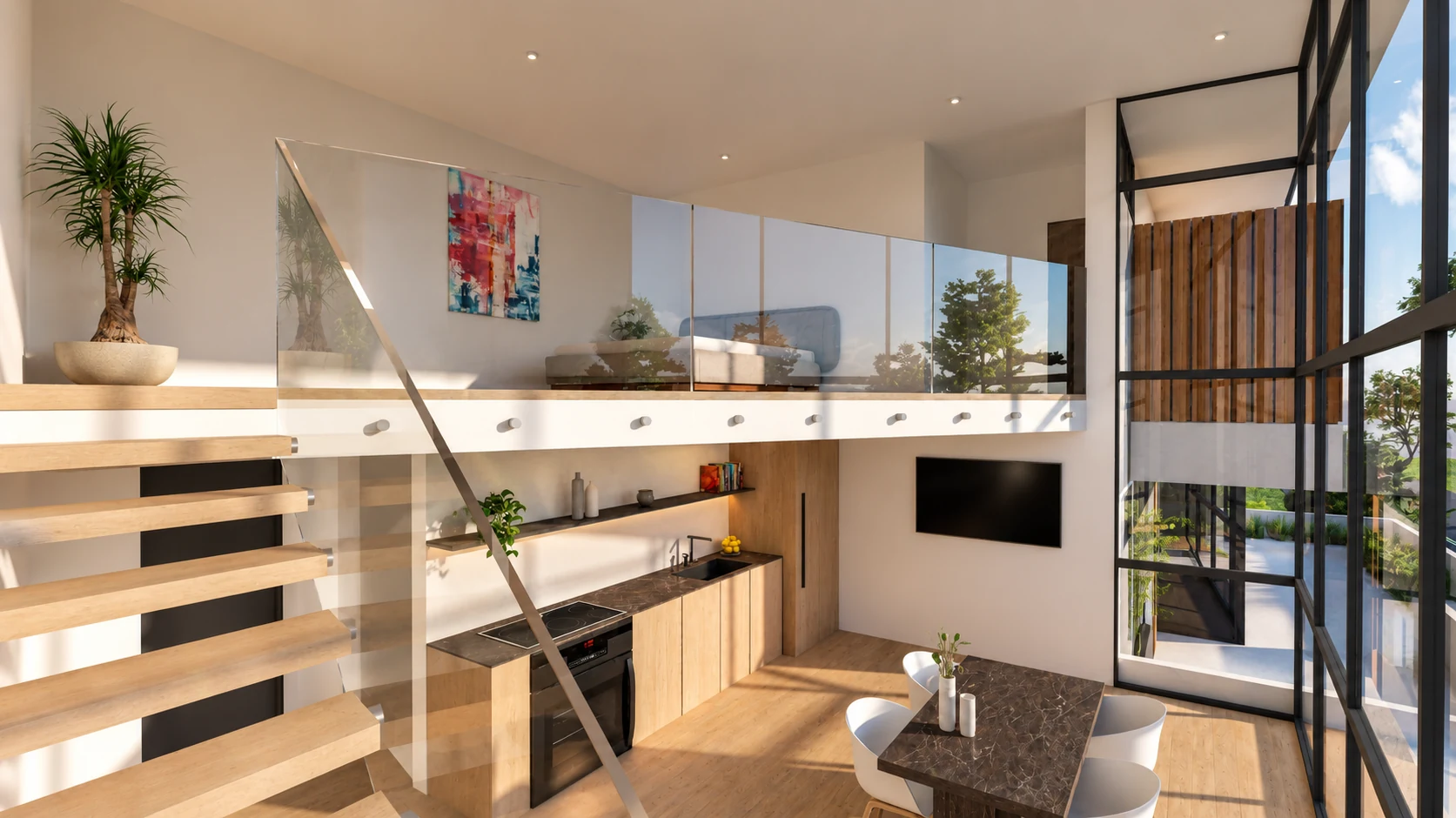 Glass-railed loft above the compact ADU kitchen with floating stair and dining area