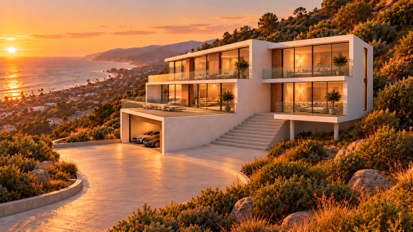 Side perspective of stacked terraces and a broad hillside stair