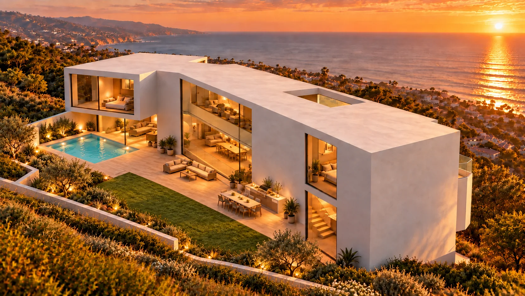 Revised rear courtyard at sunset: a single deck-level pool beneath the second-floor cantilever, terrace and green yard beside the glazed house, and ocean beyond