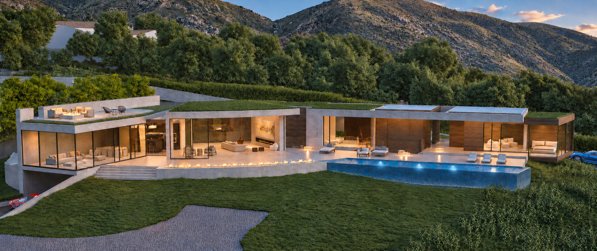 Complete panoramic view of the 31767 PCH residence opening toward the Pacific in the early evening