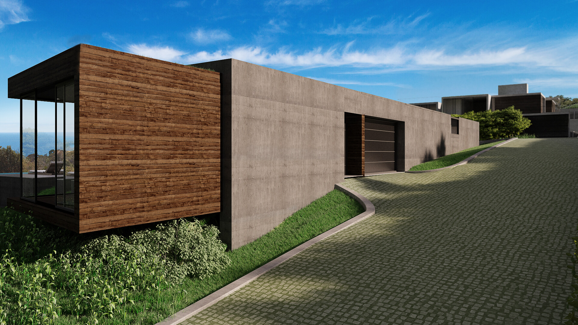 Uphill arrival beside concrete and wood volumes