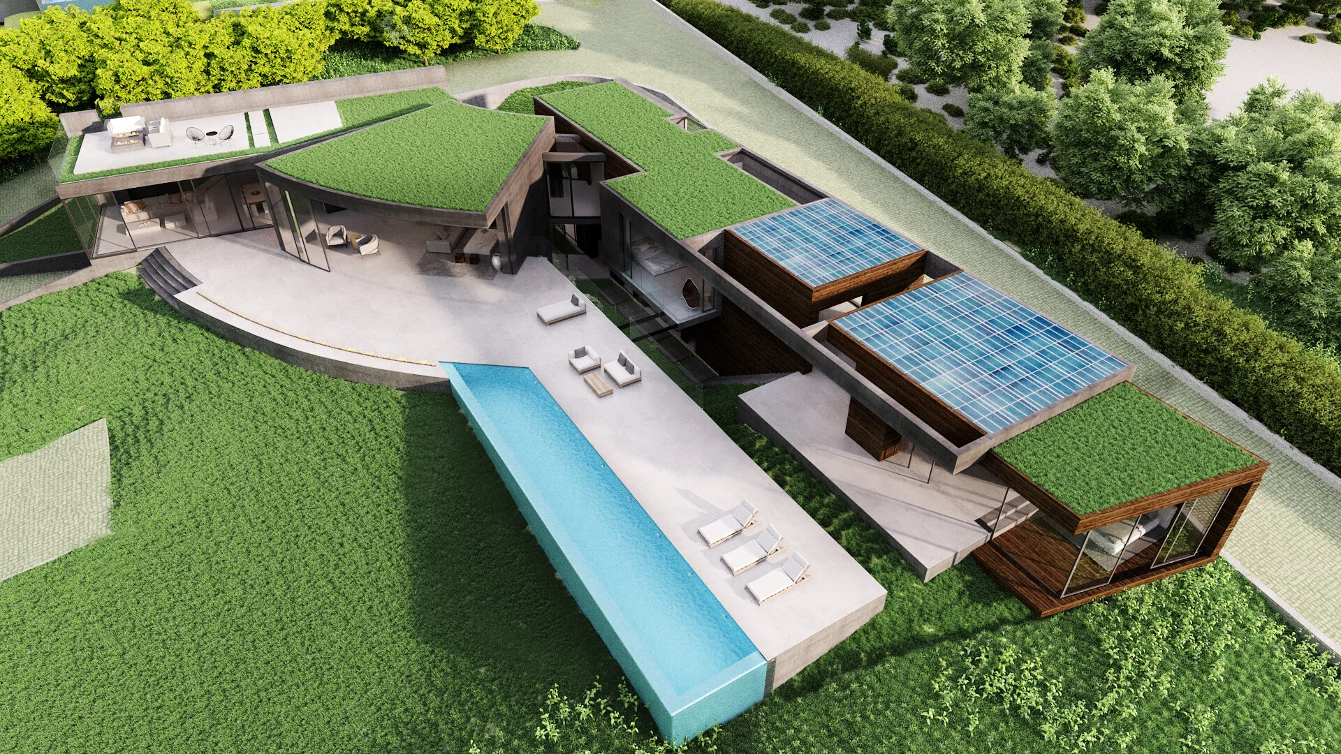 Aerial view of planted roofs, terraces and projecting pool