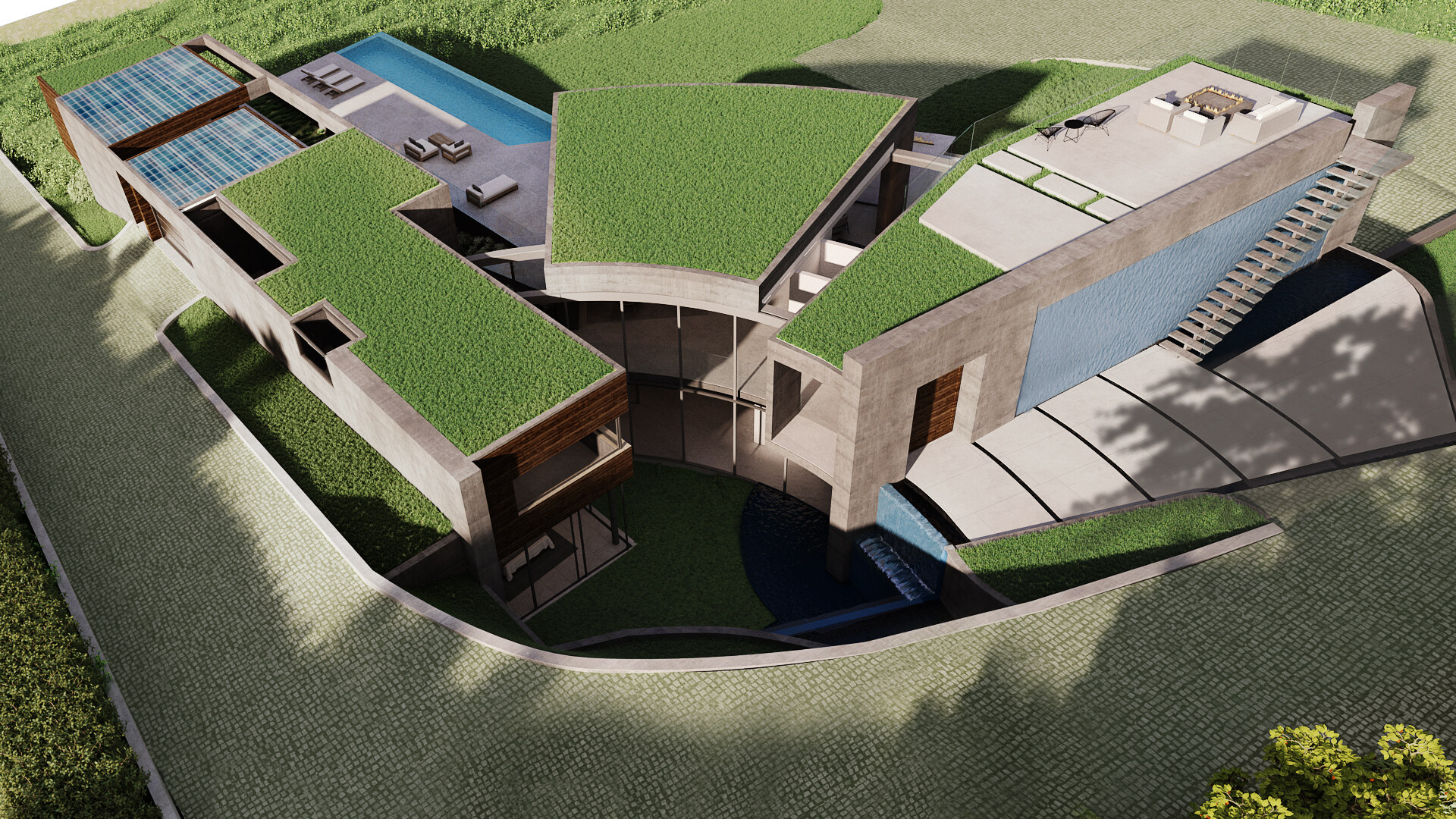 Aerial view of the entry court and planted roof forms