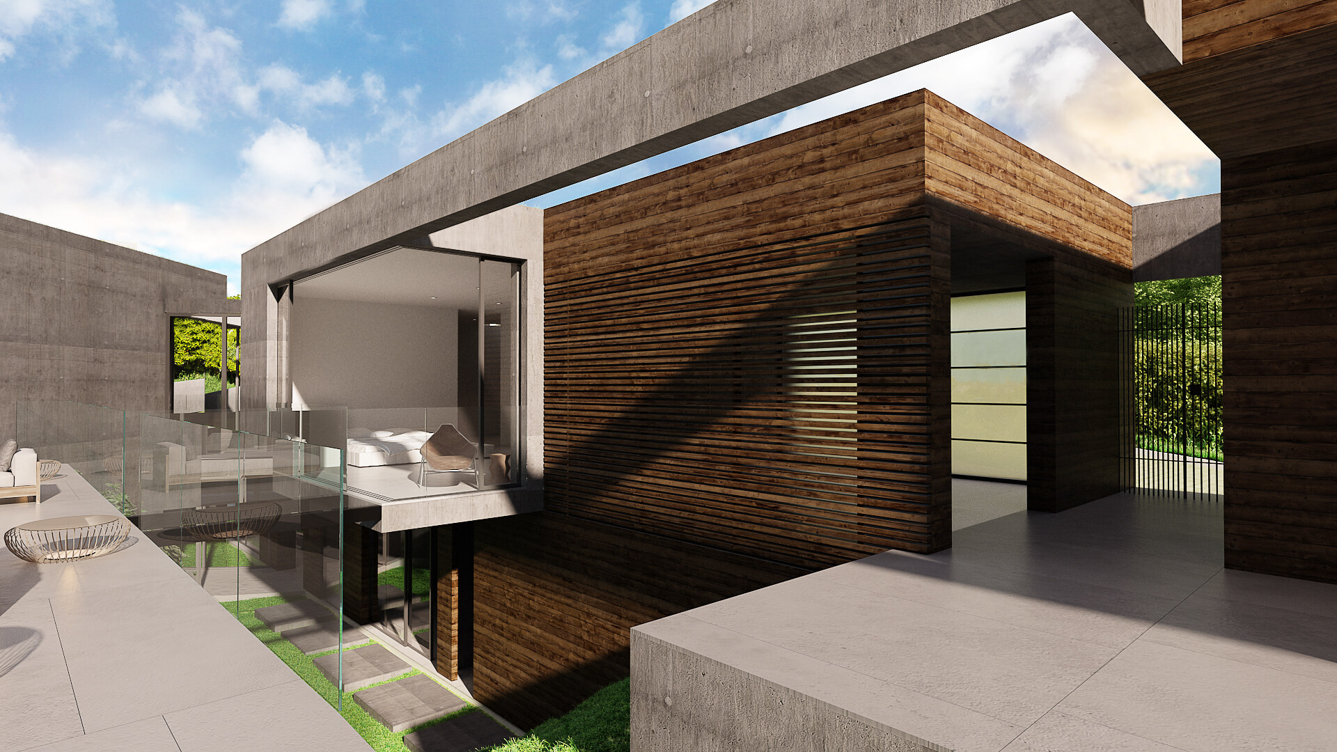 Wood-lined courtyard connected by glass bridges and concrete frames