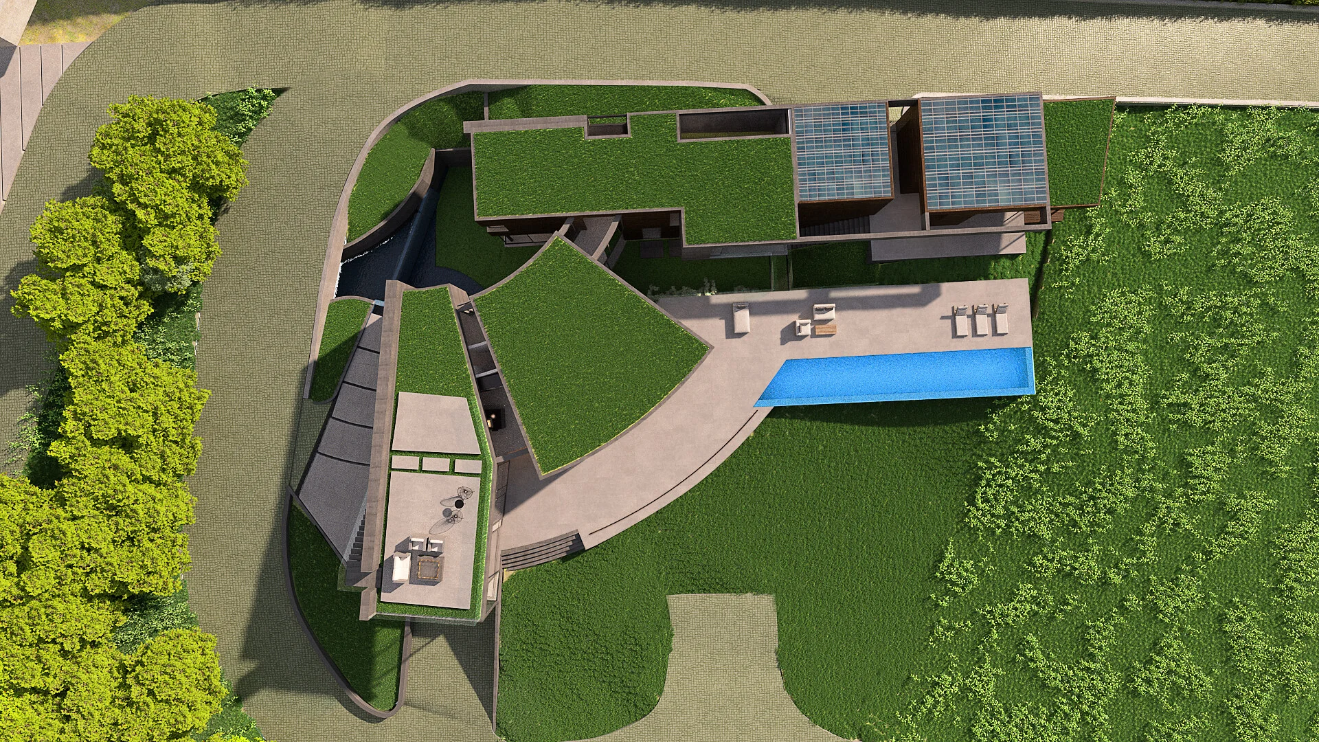 Top view showing the residence following the hillside contours