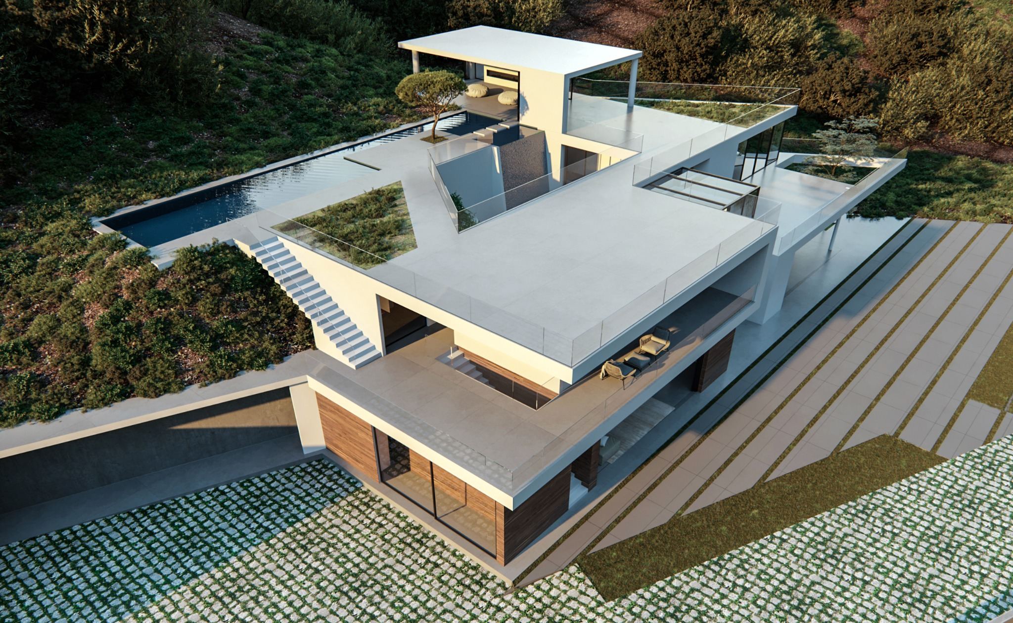 Aerial view of the stepped roof terraces and hillside
