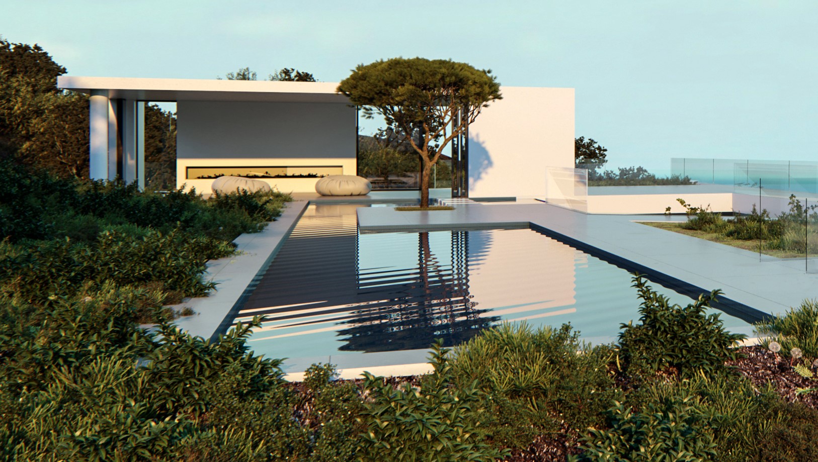Roof pool and meditation pavilion surrounded by the hillside