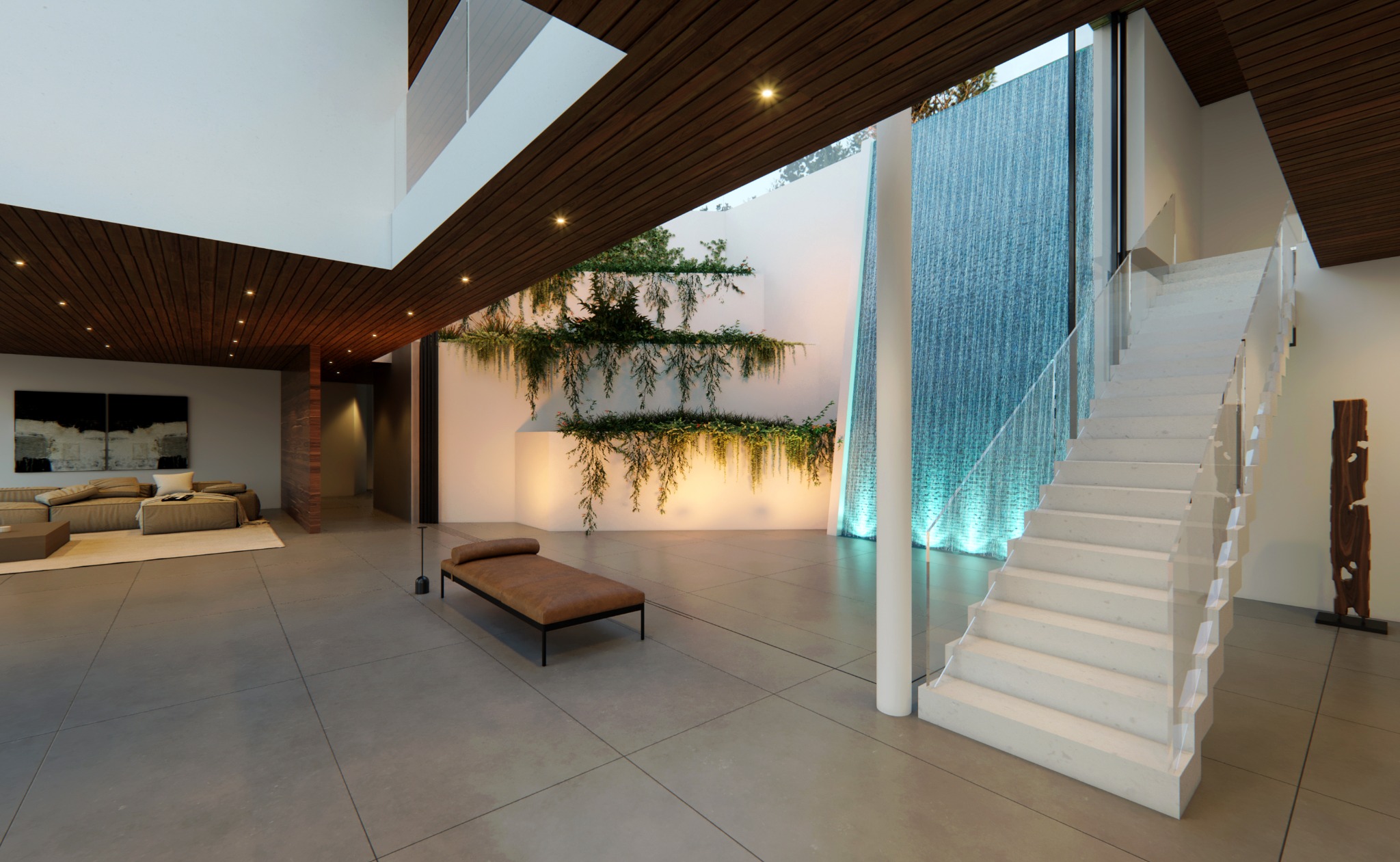 Living space, stair and planted courtyard beside the waterfall