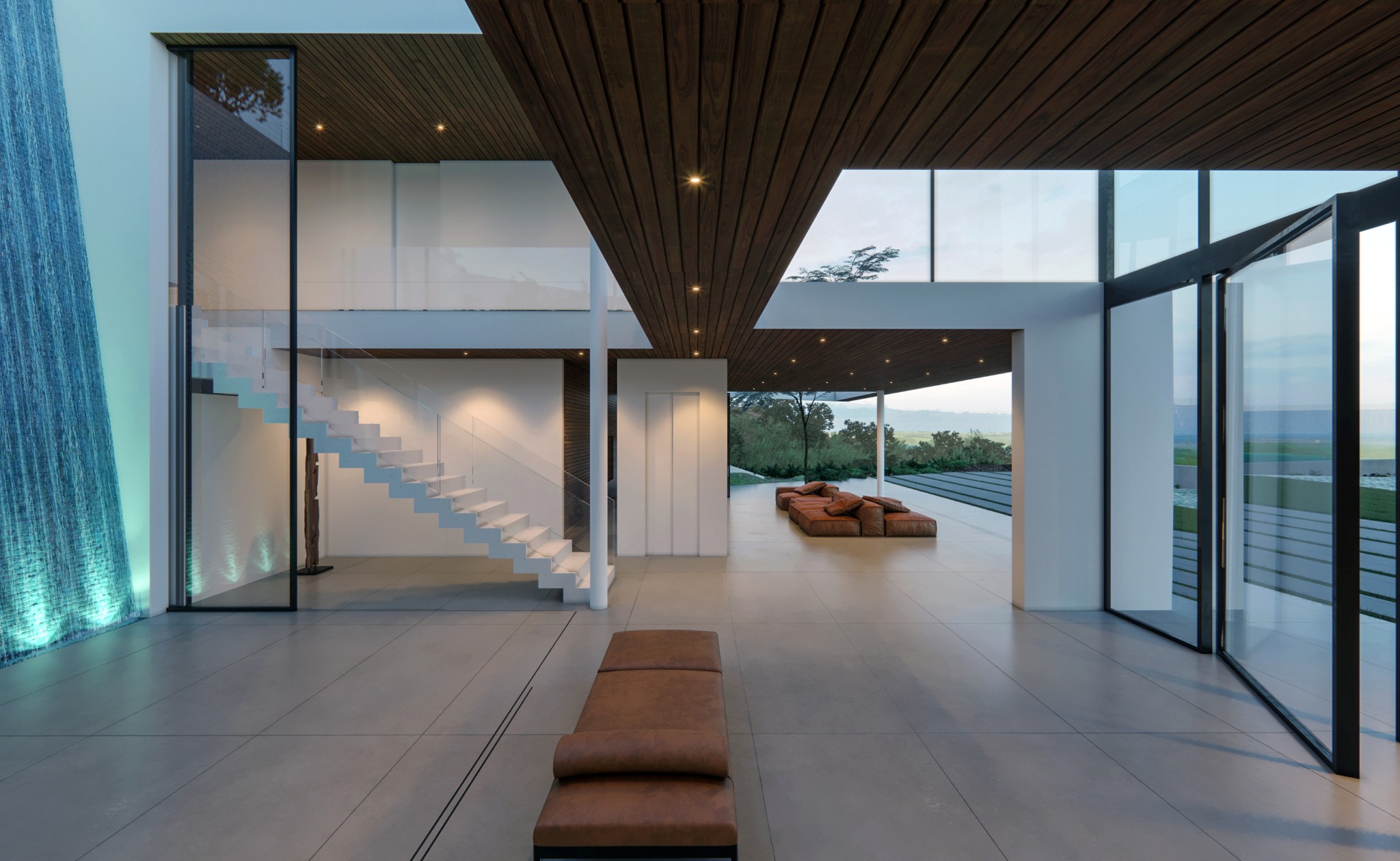 Tall Fleetwood pocket sliding doors opening the interior to the courtyard and ocean