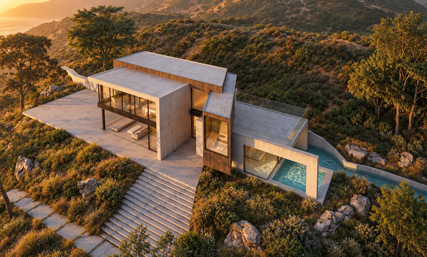 Aerial view of the 31847 PCH guest house / ADU on the Malibu hillside
