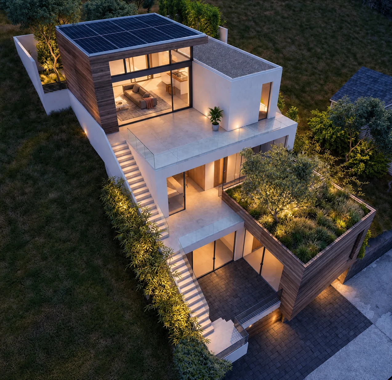 Dusk aerial showing the solar roof, stepped terraces, planted roof and illuminated interiors
